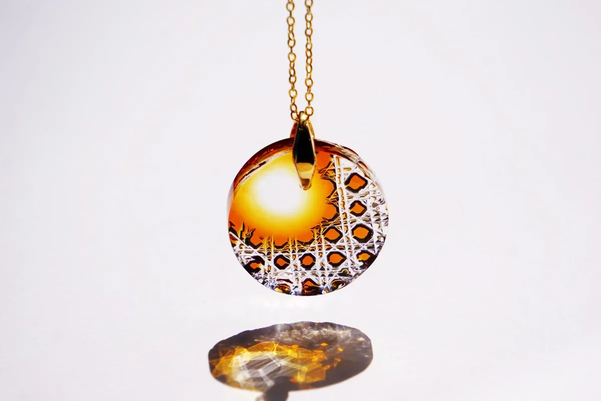 Kiriko Glass Pendant Necklace -Amber-, Japanese Jewelry