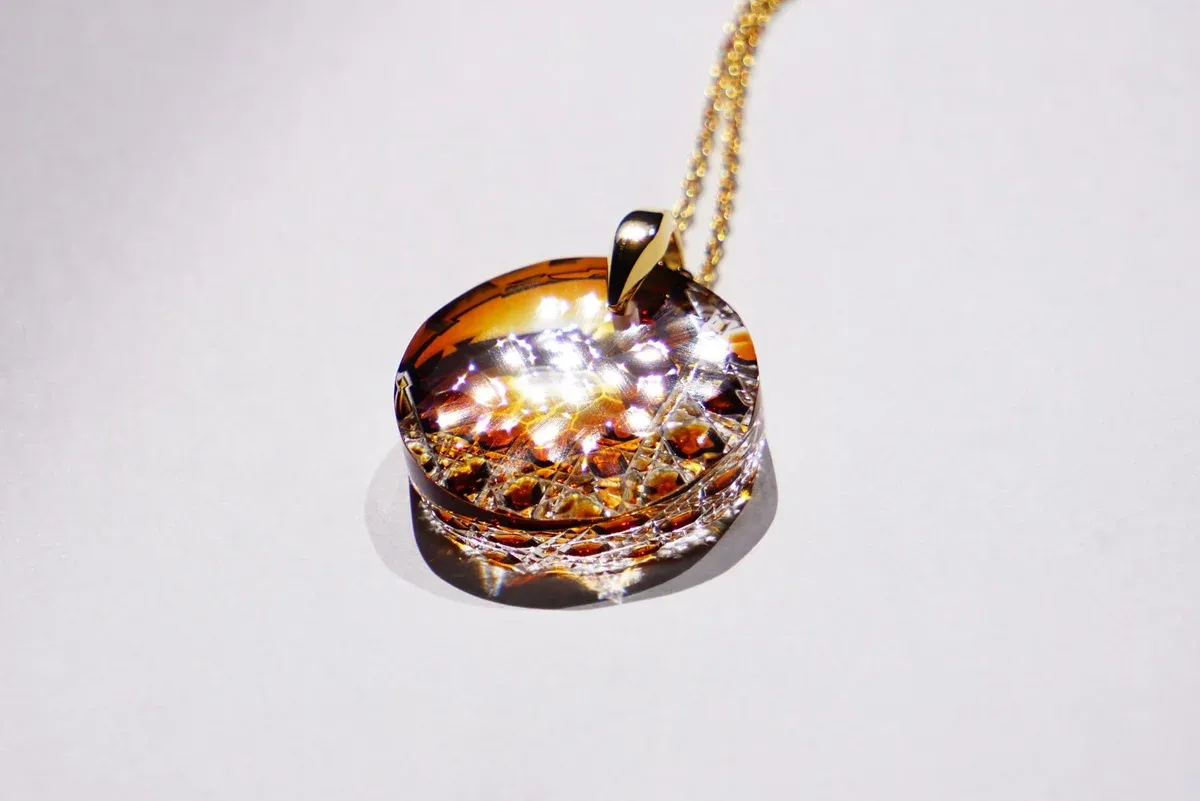 Kiriko Glass Pendant Necklace -Amber-, Japanese Jewelry