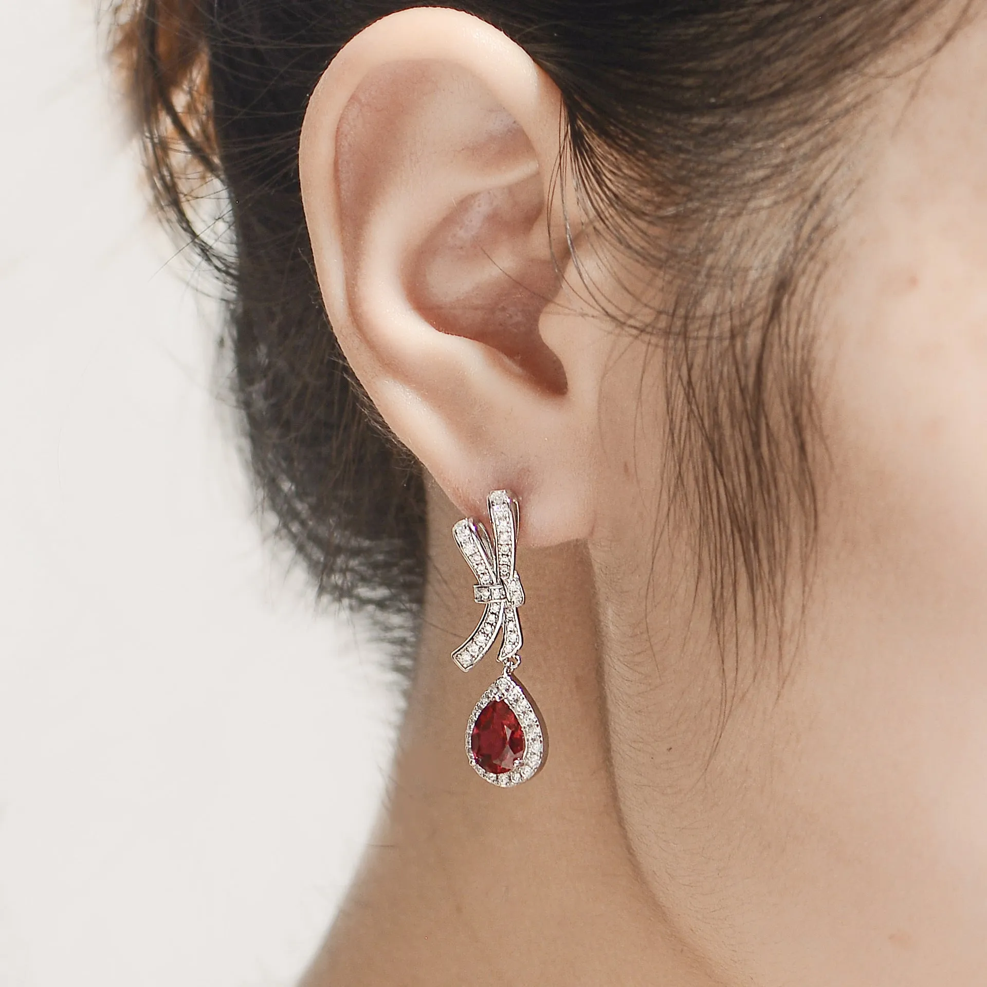 Lab Created Blood Ruby 6*8mm - Platinum Plated - Drop Silver Earring for Women