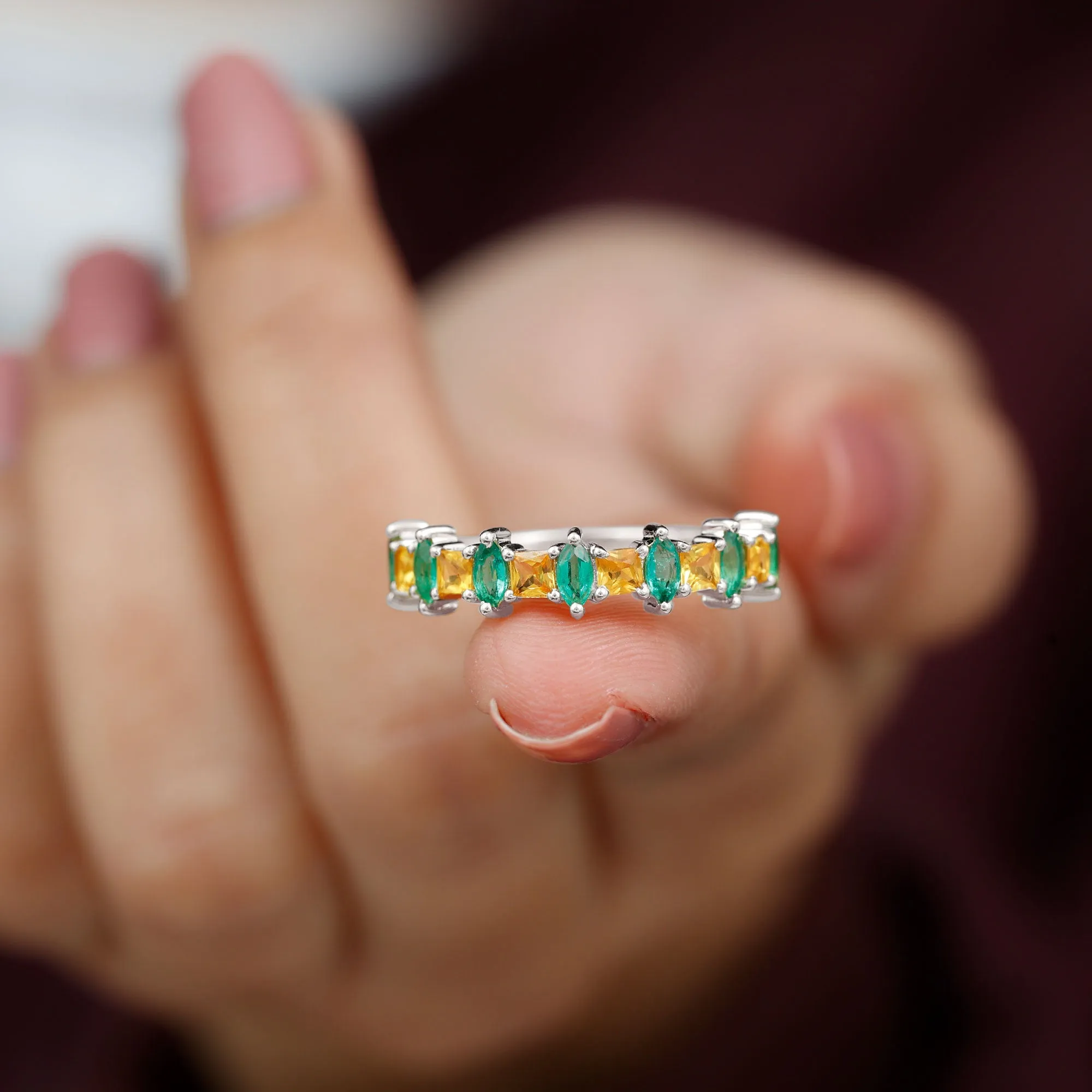 Lab-Created Emerald and Yellow Sapphire Half Eternity Ring