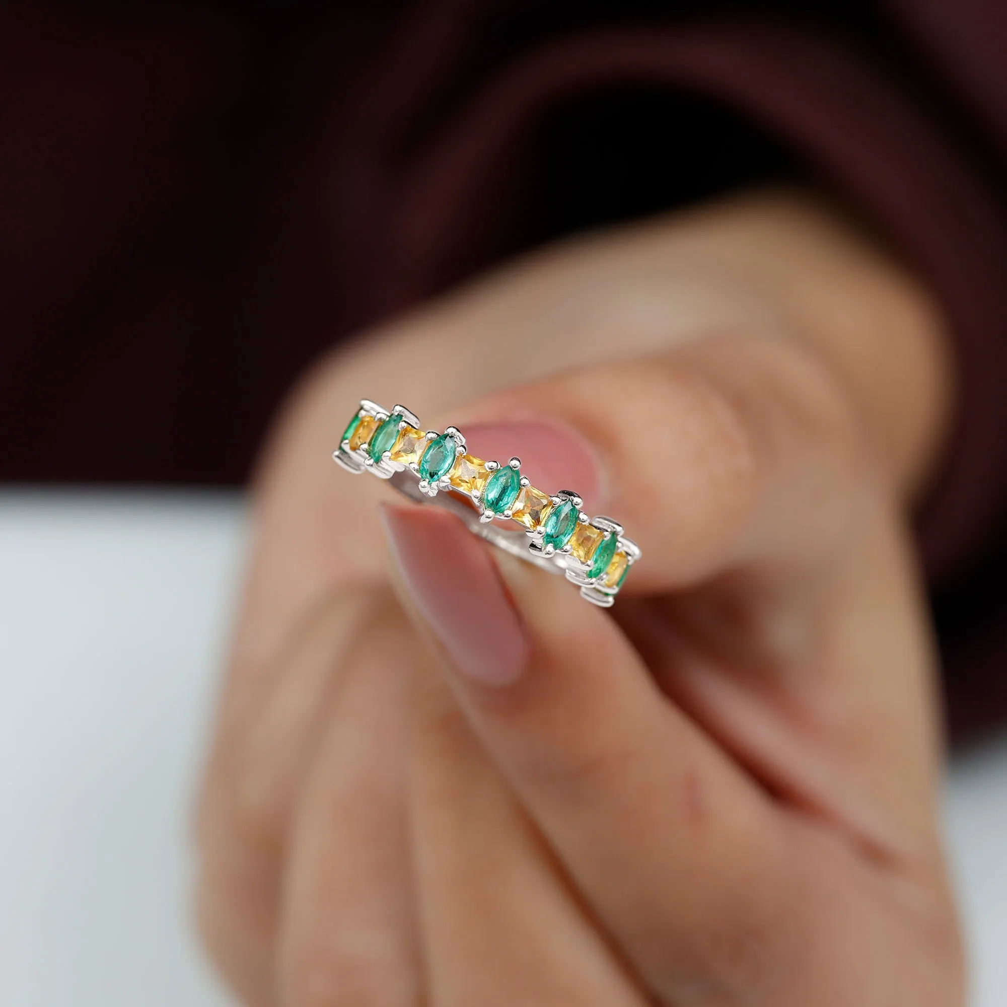 Lab-Created Emerald and Yellow Sapphire Half Eternity Ring