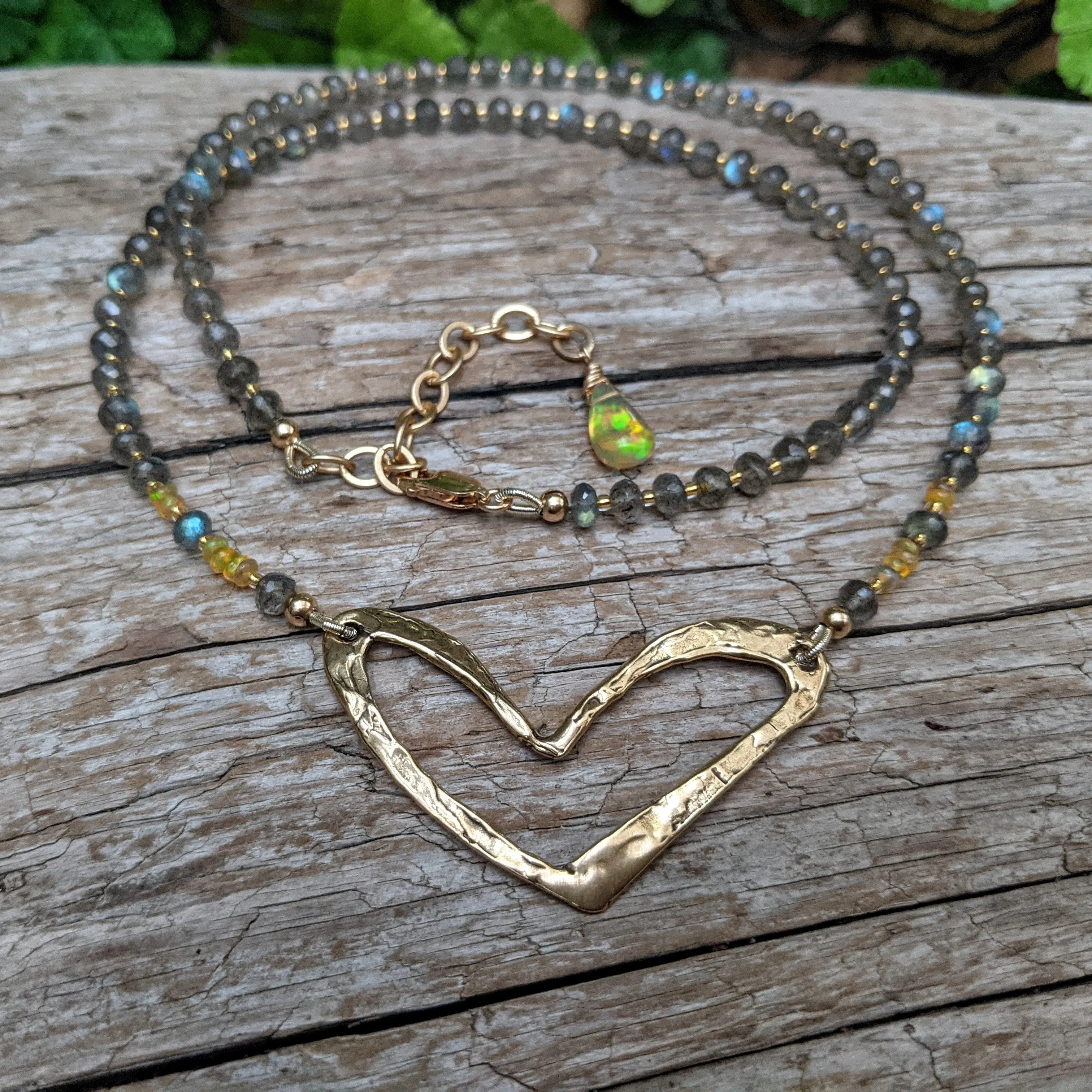 Labradorite, Ethiopian Opal & Gold Bronze Heart Gemstone Necklace