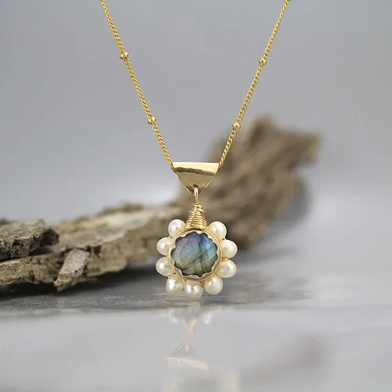 Labradorite Pearl Flower Necklace