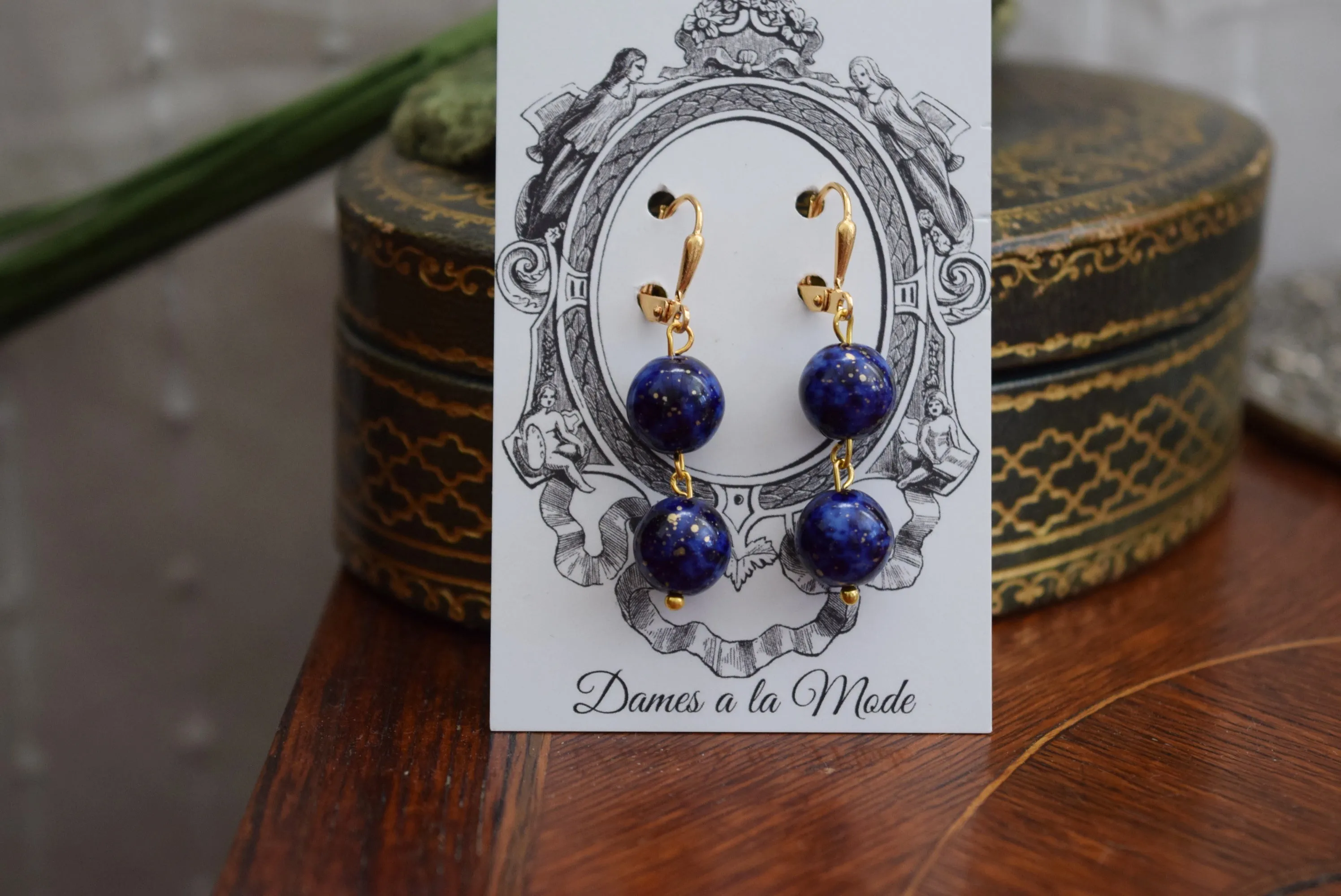 Lapis Lazuli 2-Stone Dangle Bead Earrings