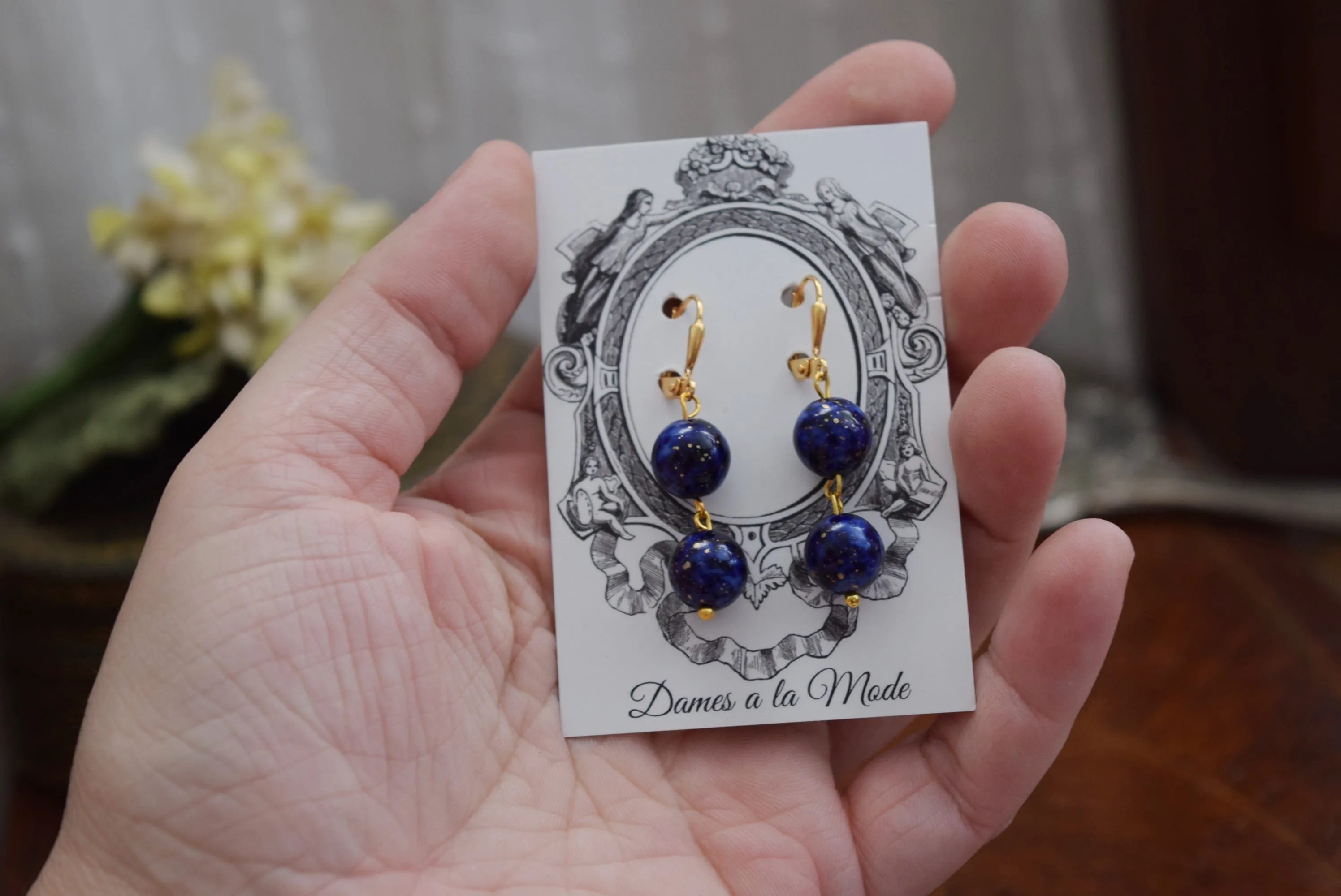 Lapis Lazuli 2-Stone Dangle Bead Earrings