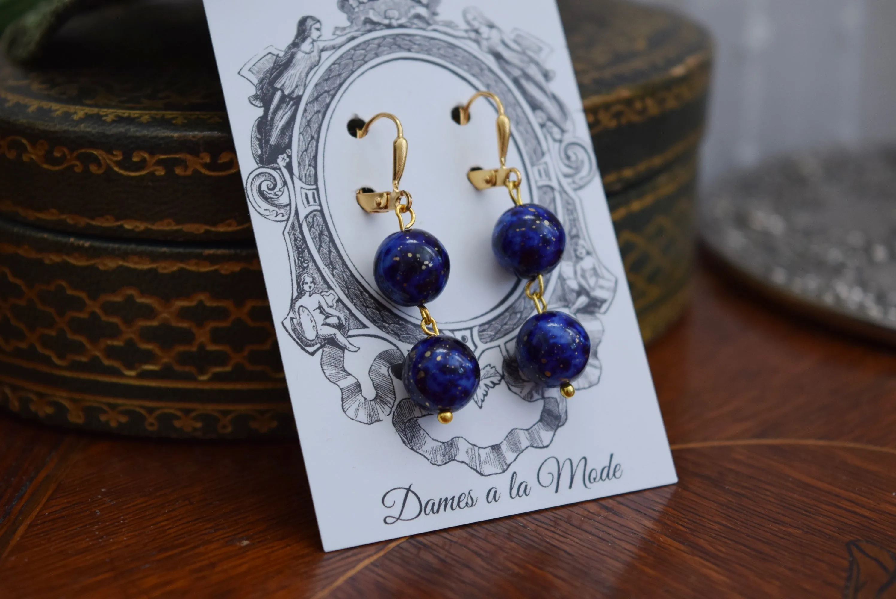 Lapis Lazuli 2-Stone Dangle Bead Earrings