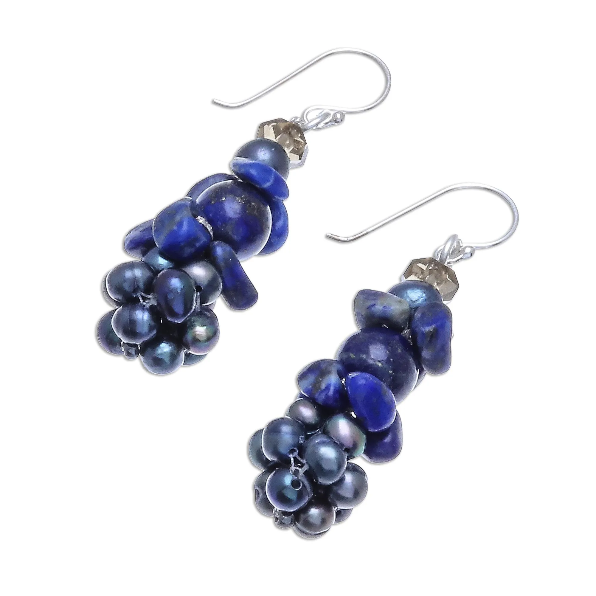 Lapis Lazuli and Cultured Pearl Cluster Earrings - Heaven's Gift | NOVICA