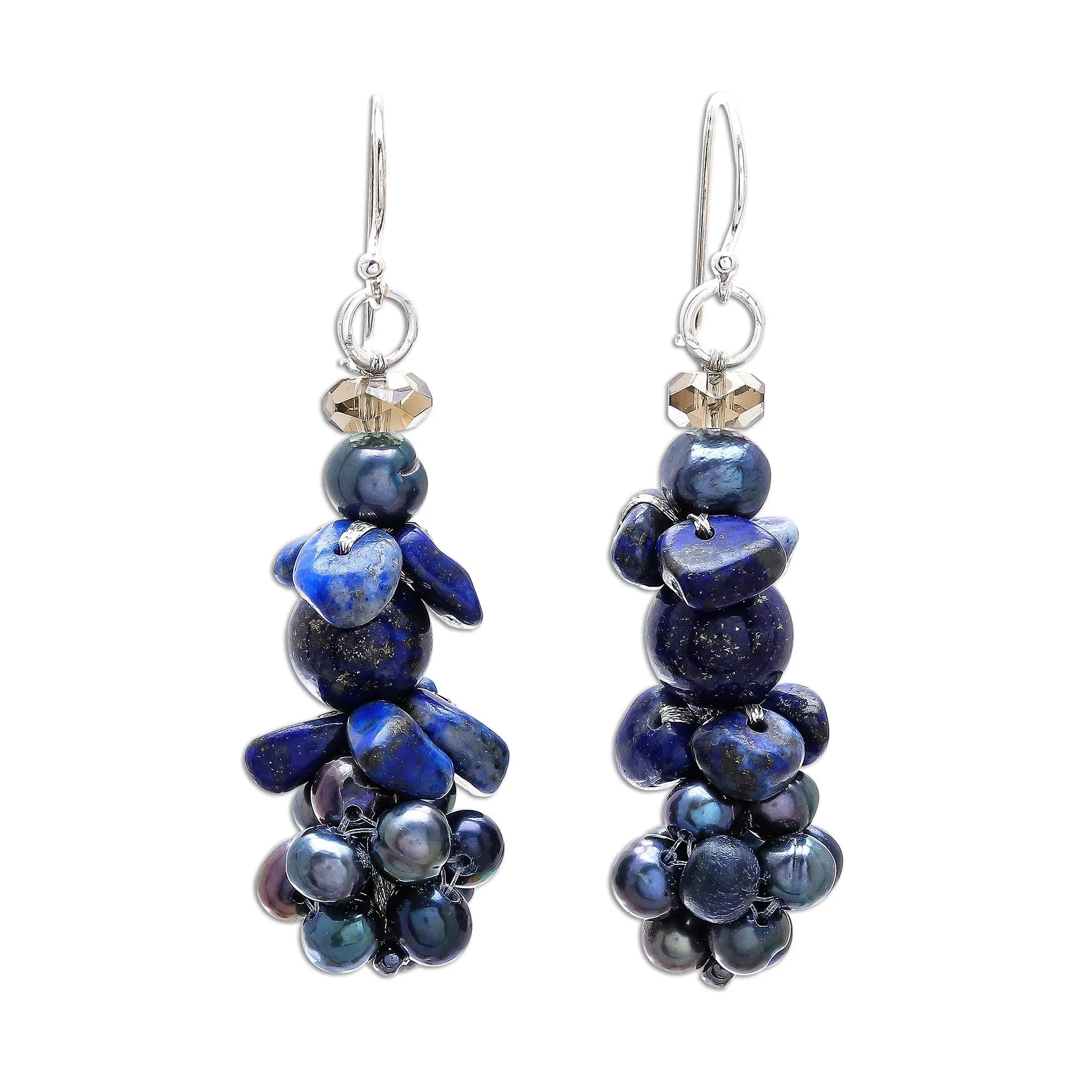 Lapis Lazuli and Cultured Pearl Cluster Earrings - Heaven's Gift | NOVICA