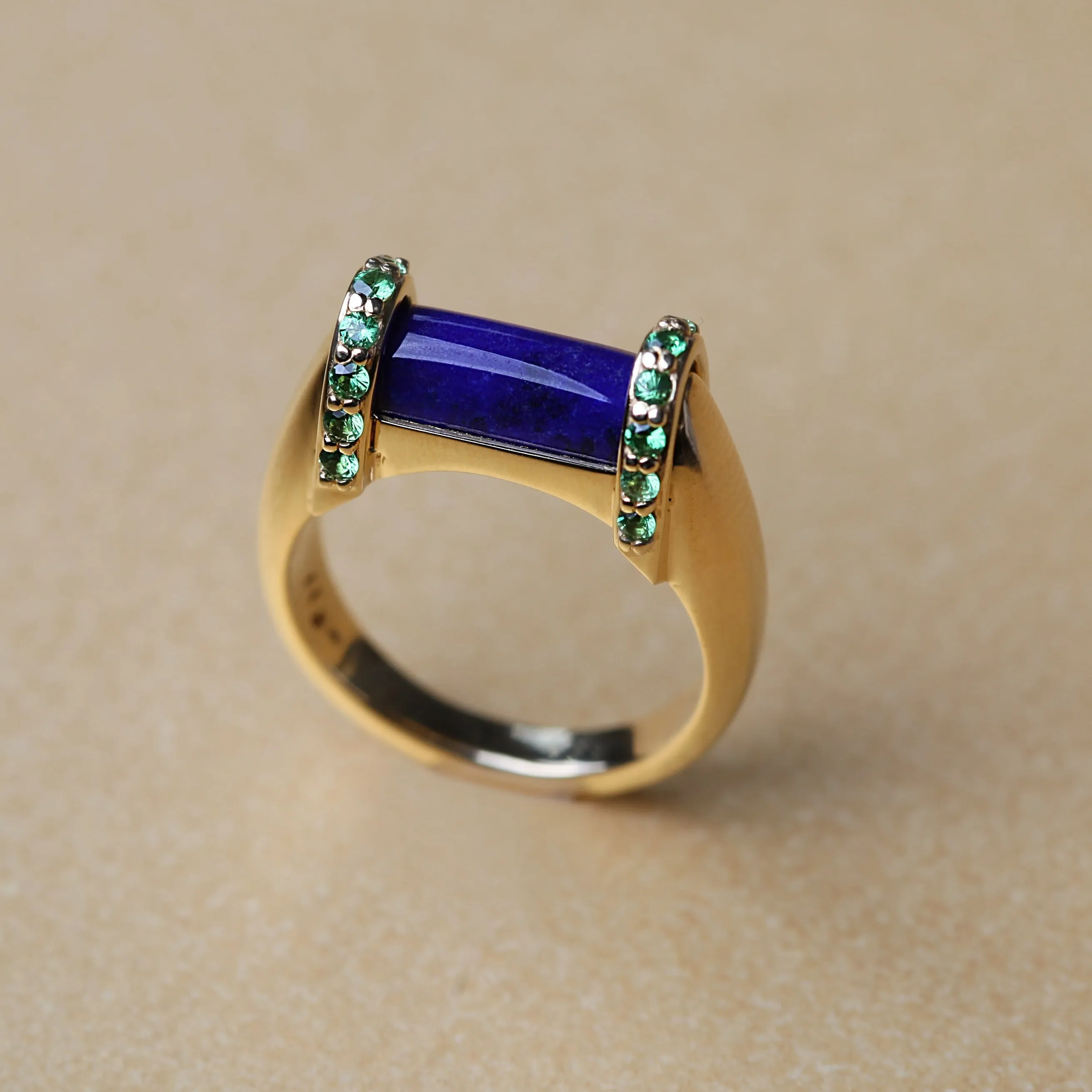 Lapis Lazuli and Tsavorite Garnet Bar Ring