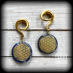 Lapis lazuli flower of life gauged earrings-Ear hangers