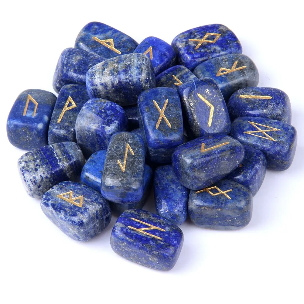 Lapis Lazuli Rune Stones Set Engraved Pagan Lettering with Instruction Booklet and Velvet Pouch by TGS Gems