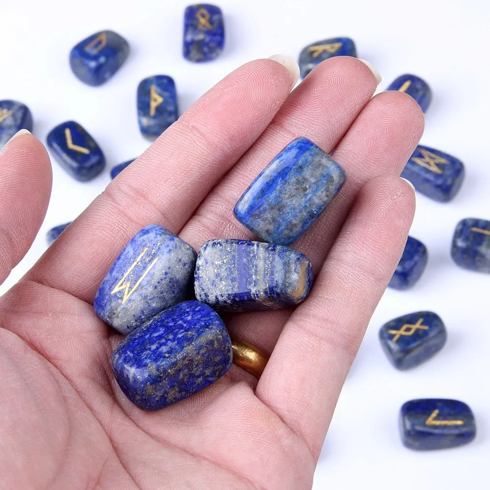 Lapis Lazuli Rune Stones Set Engraved Pagan Lettering with Instruction Booklet and Velvet Pouch by TGS Gems