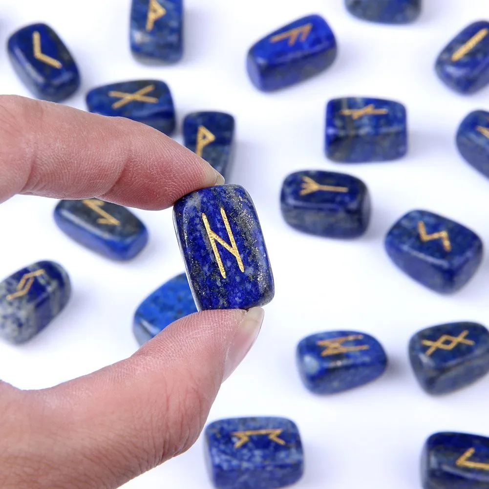 Lapis Lazuli Rune Stones Set Engraved Pagan Lettering with Instruction Booklet and Velvet Pouch by TGS Gems