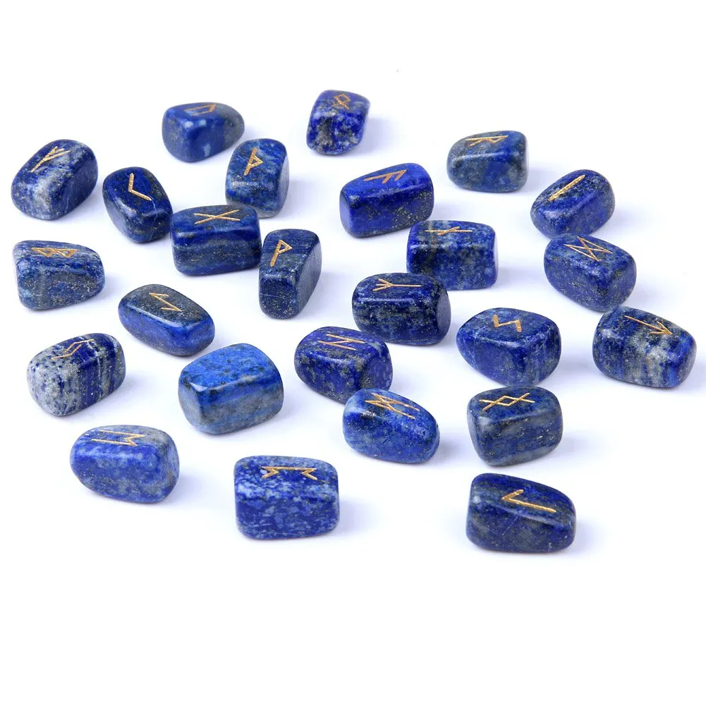 Lapis Lazuli Rune Stones Set Engraved Pagan Lettering with Instruction Booklet and Velvet Pouch by TGS Gems