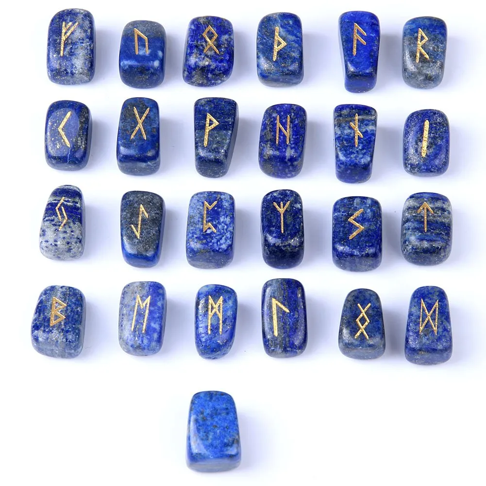 Lapis Lazuli Rune Stones Set Engraved Pagan Lettering with Instruction Booklet and Velvet Pouch by TGS Gems