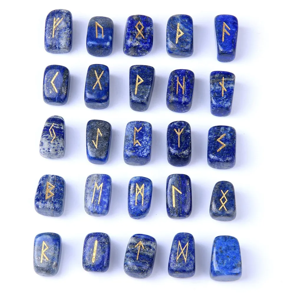 Lapis Lazuli Rune Stones Set Engraved Pagan Lettering with Instruction Booklet and Velvet Pouch by TGS Gems