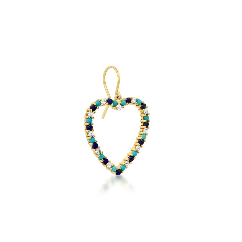 Large Diamond, Turquoise and Lapis Open Heart Drop Earrings