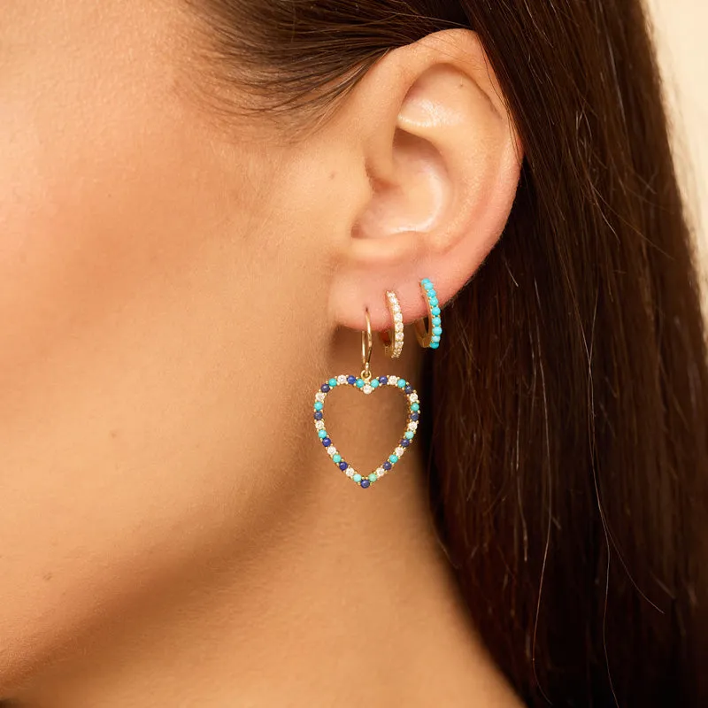 Large Diamond, Turquoise and Lapis Open Heart Drop Earrings