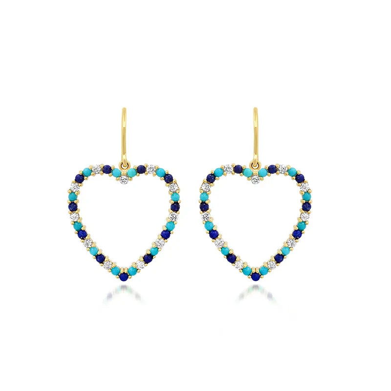 Large Diamond, Turquoise and Lapis Open Heart Drop Earrings