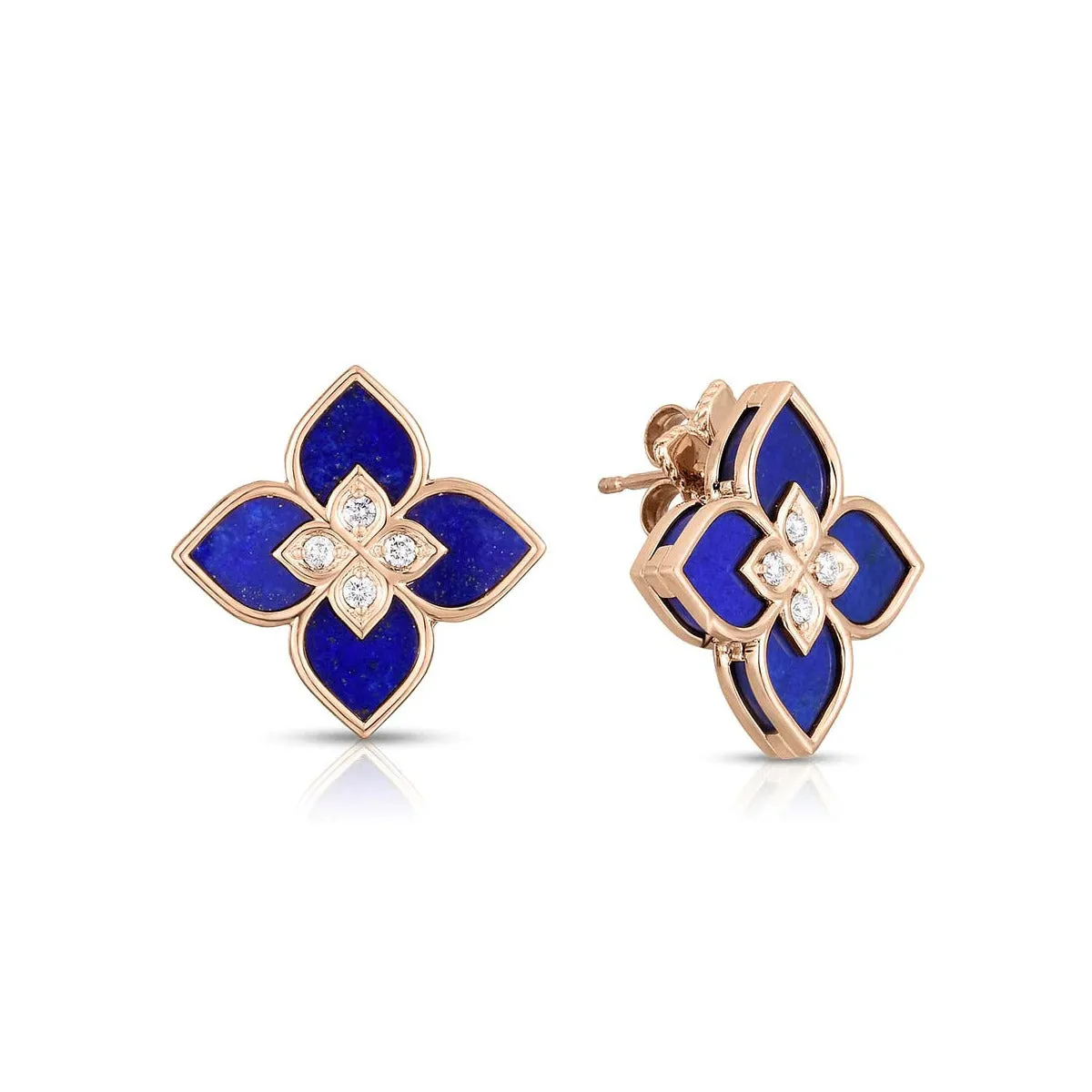 Large Flower Blue Lapis and Diamond Stud Earrings