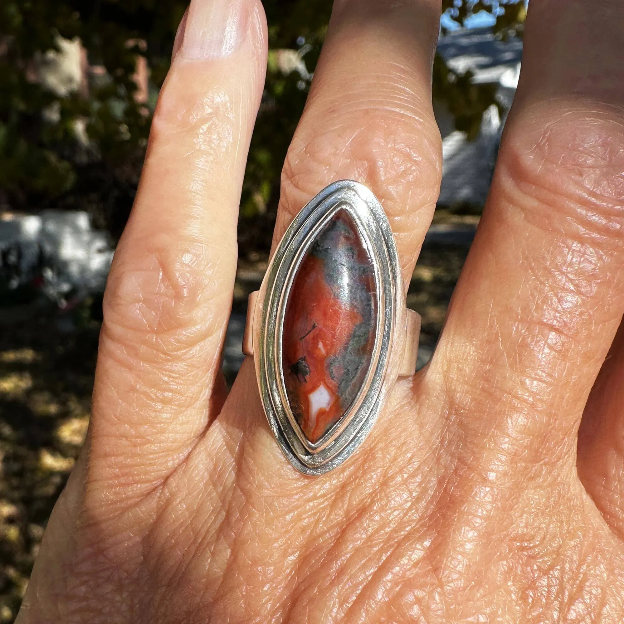 Large Marquise Cabochon Moss Agate Ring in Silver