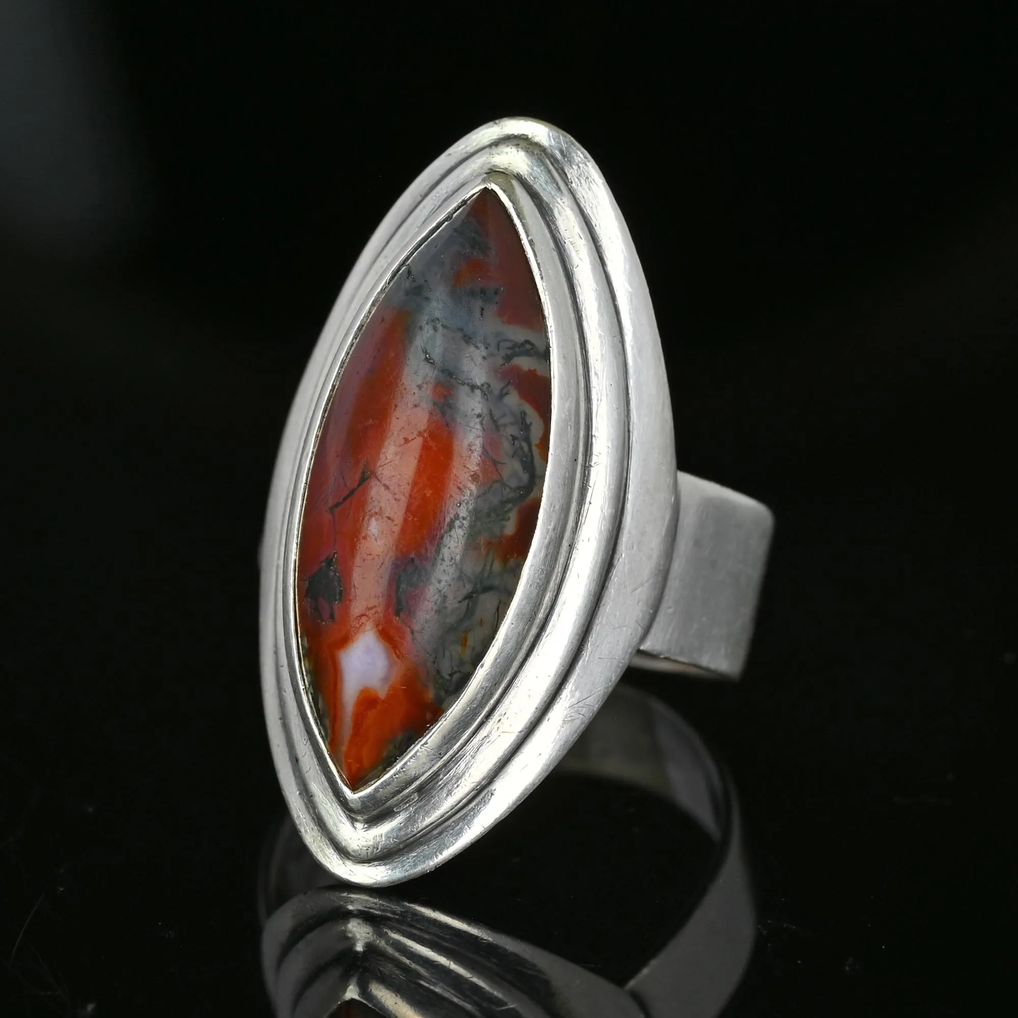 Large Marquise Cabochon Moss Agate Ring in Silver