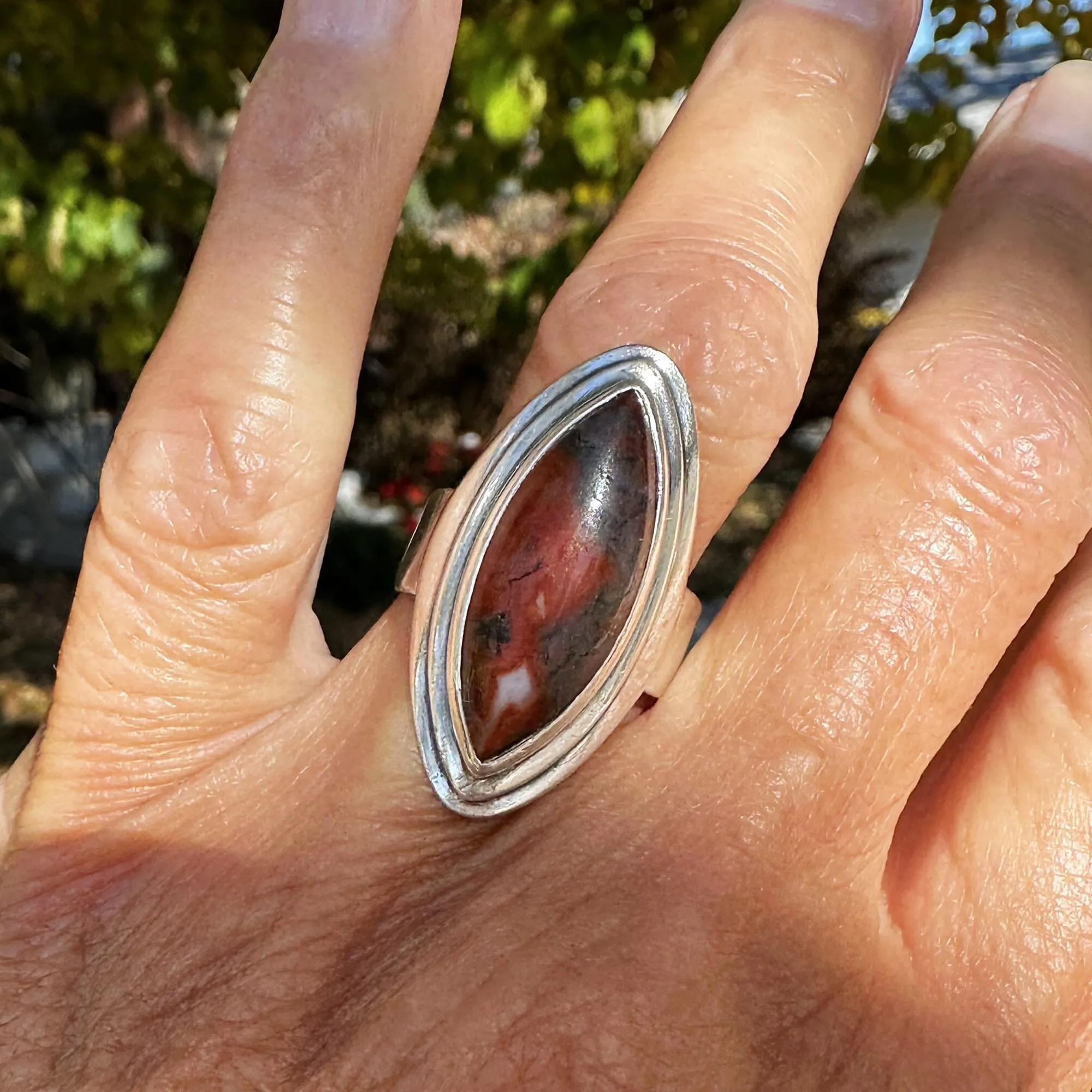 Large Marquise Cabochon Moss Agate Ring in Silver