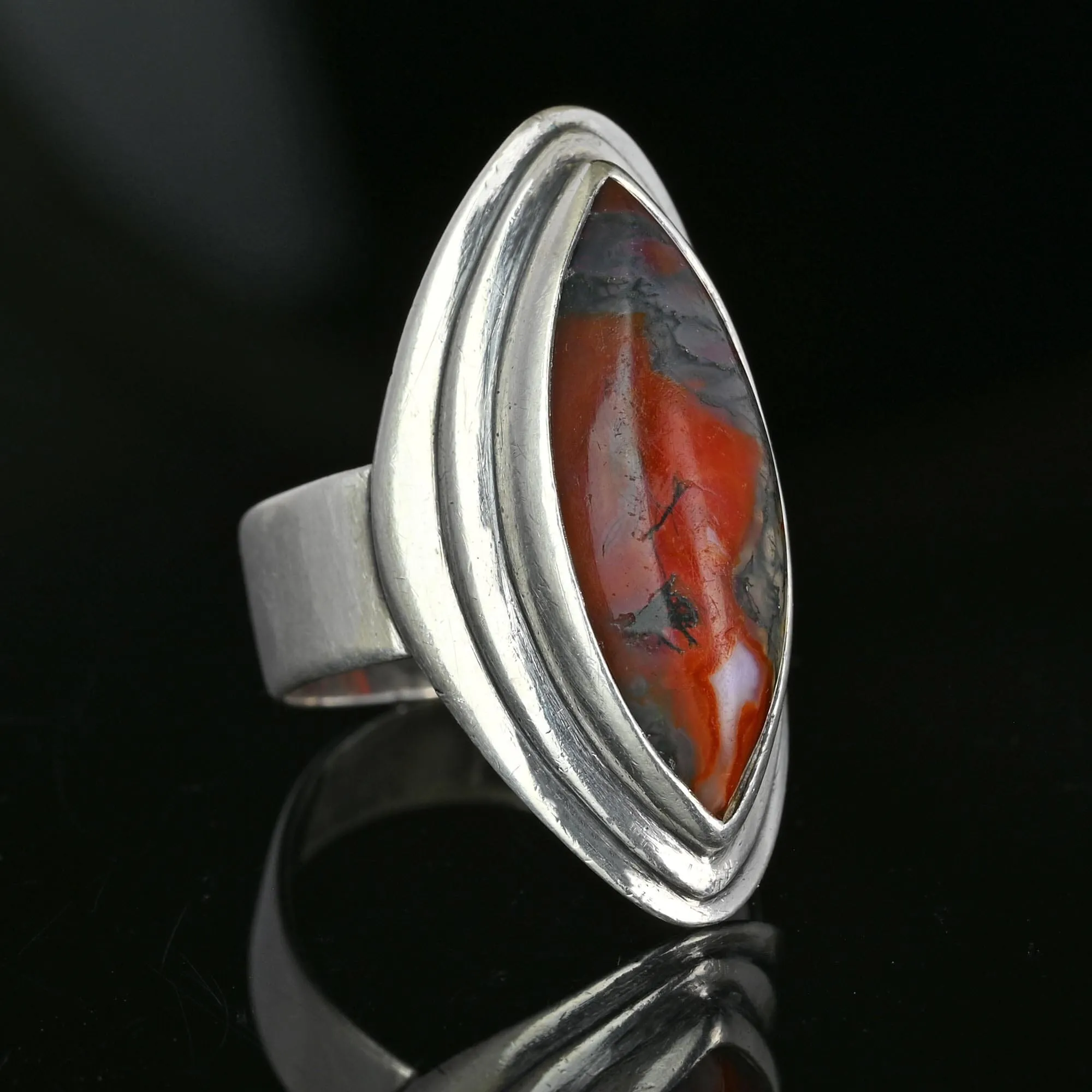 Large Marquise Cabochon Moss Agate Ring in Silver