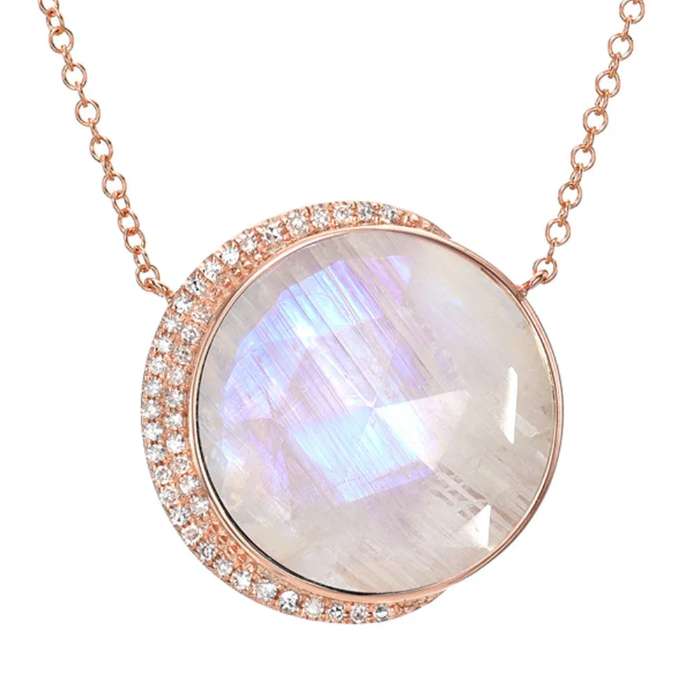 Large Moon Phase Rainbow Moonstone Necklace