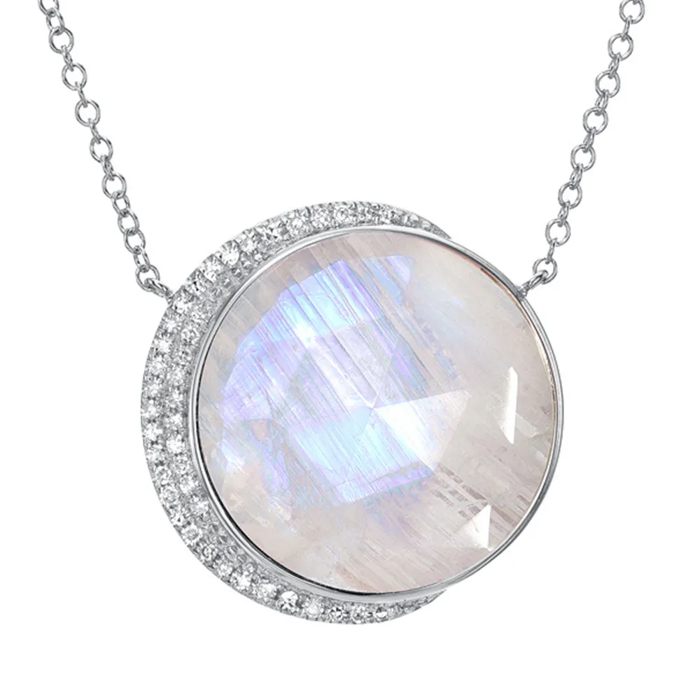 Large Moon Phase Rainbow Moonstone Necklace