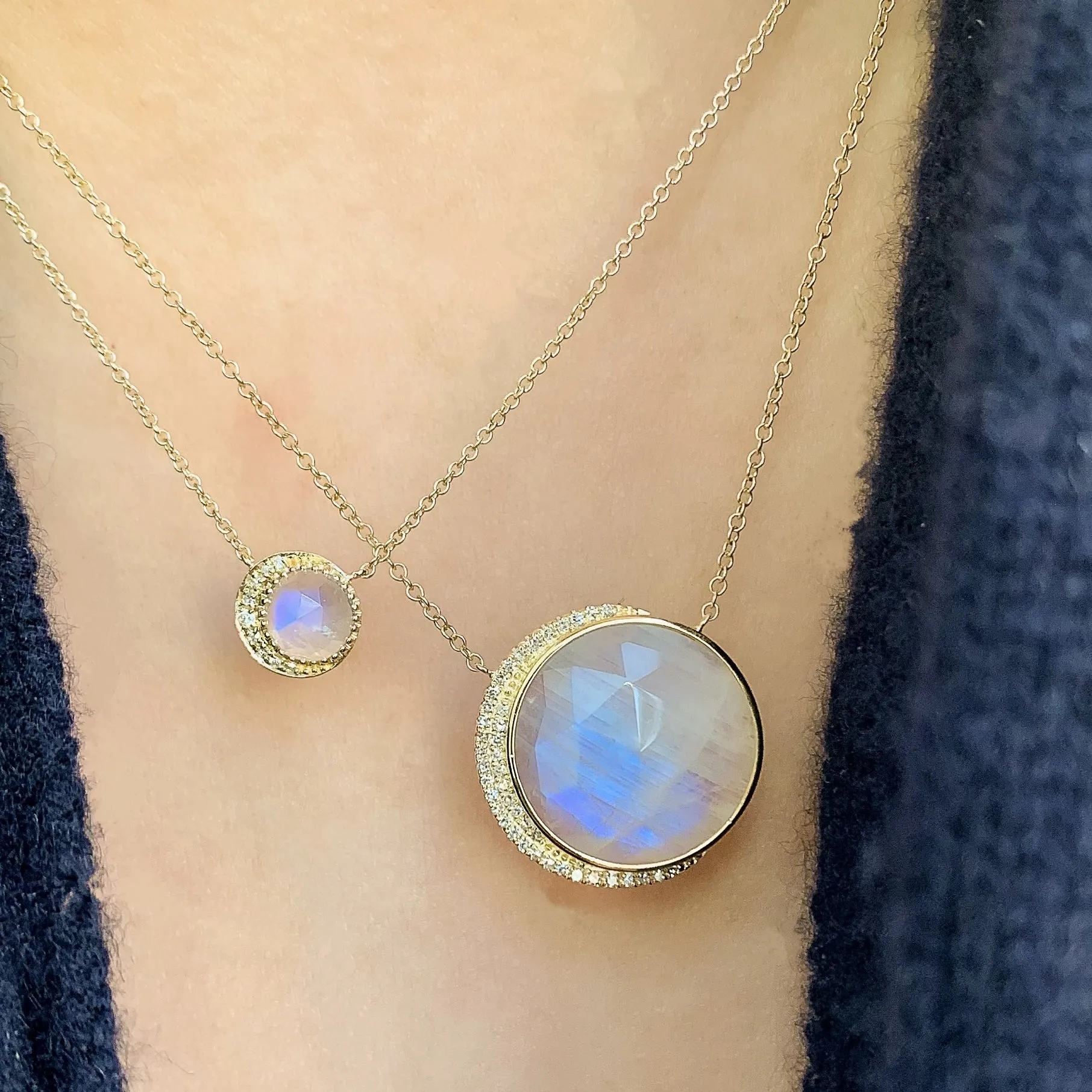 Large Moon Phase Rainbow Moonstone Necklace