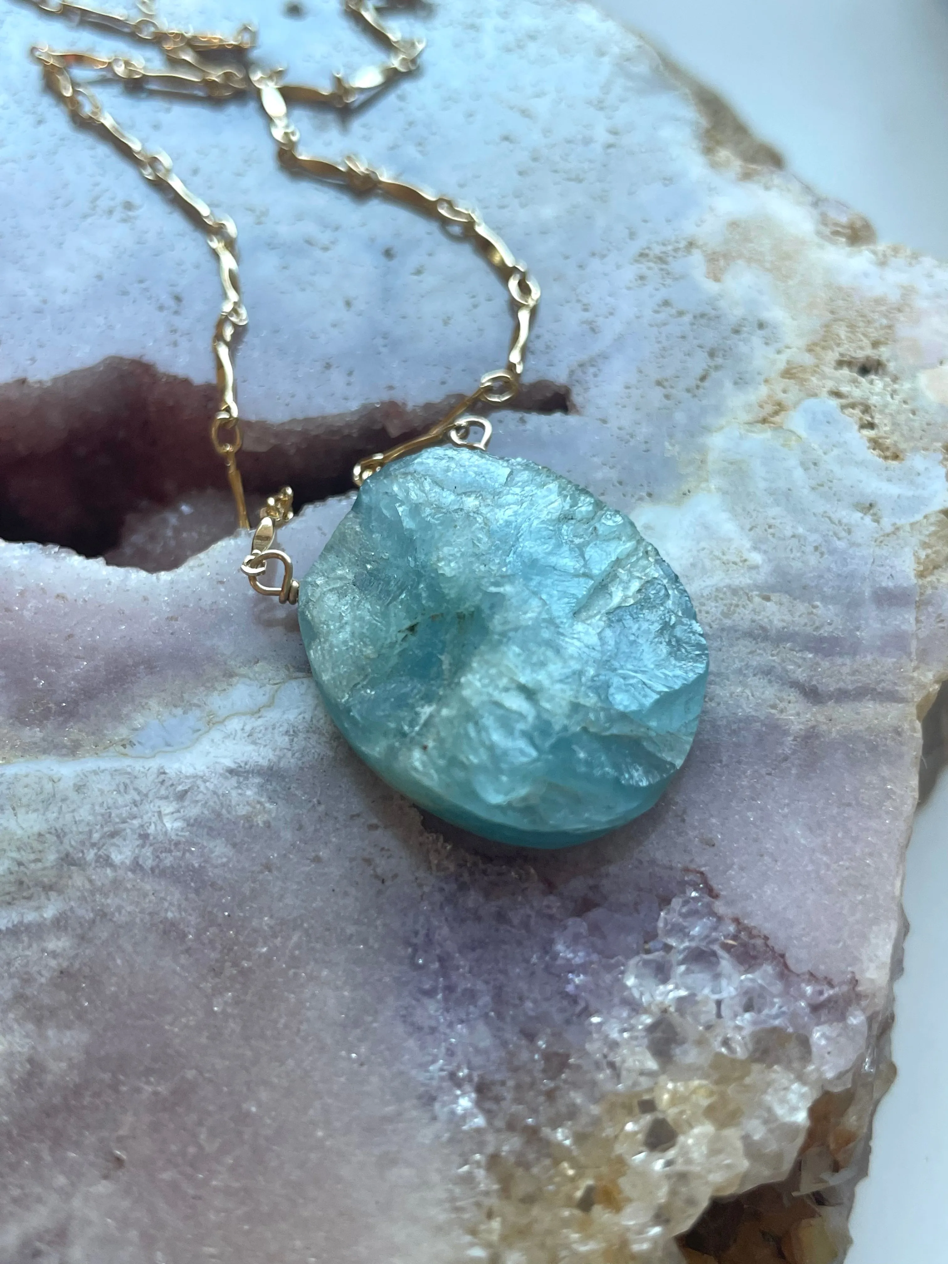 Large Raw Statement Aquamarine Necklace Gold Fill March Birthstone