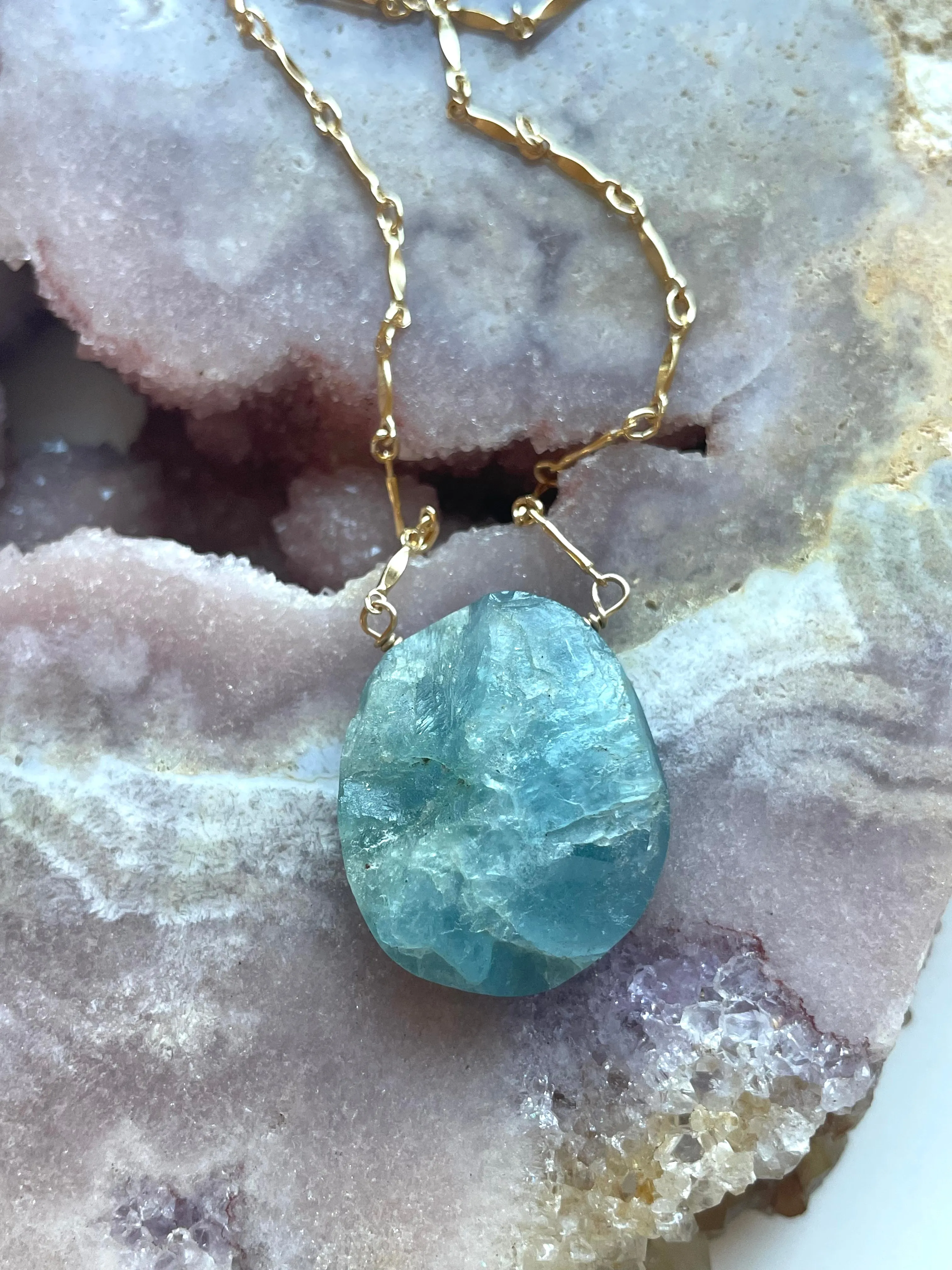 Large Raw Statement Aquamarine Necklace Gold Fill March Birthstone