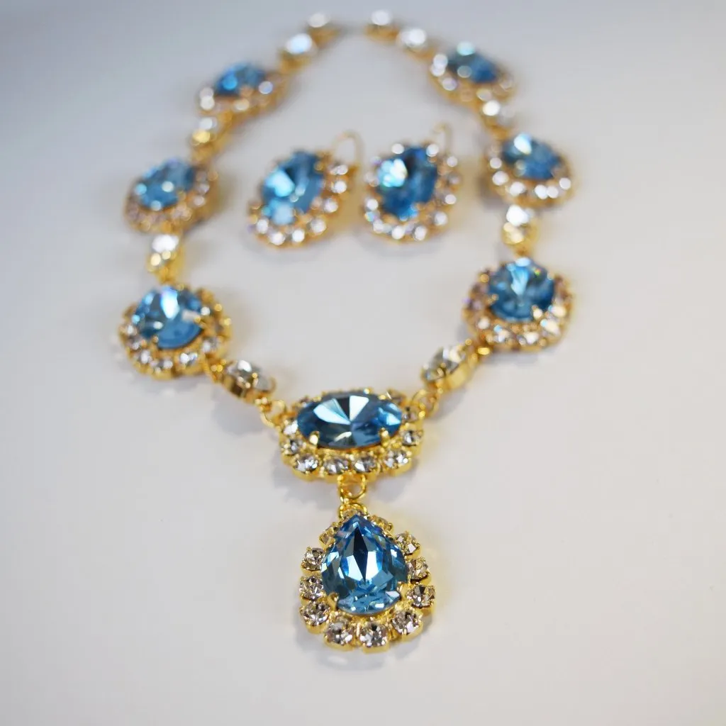 Large Swarovski Aquamarine Blue Halo Necklace with Teardrop