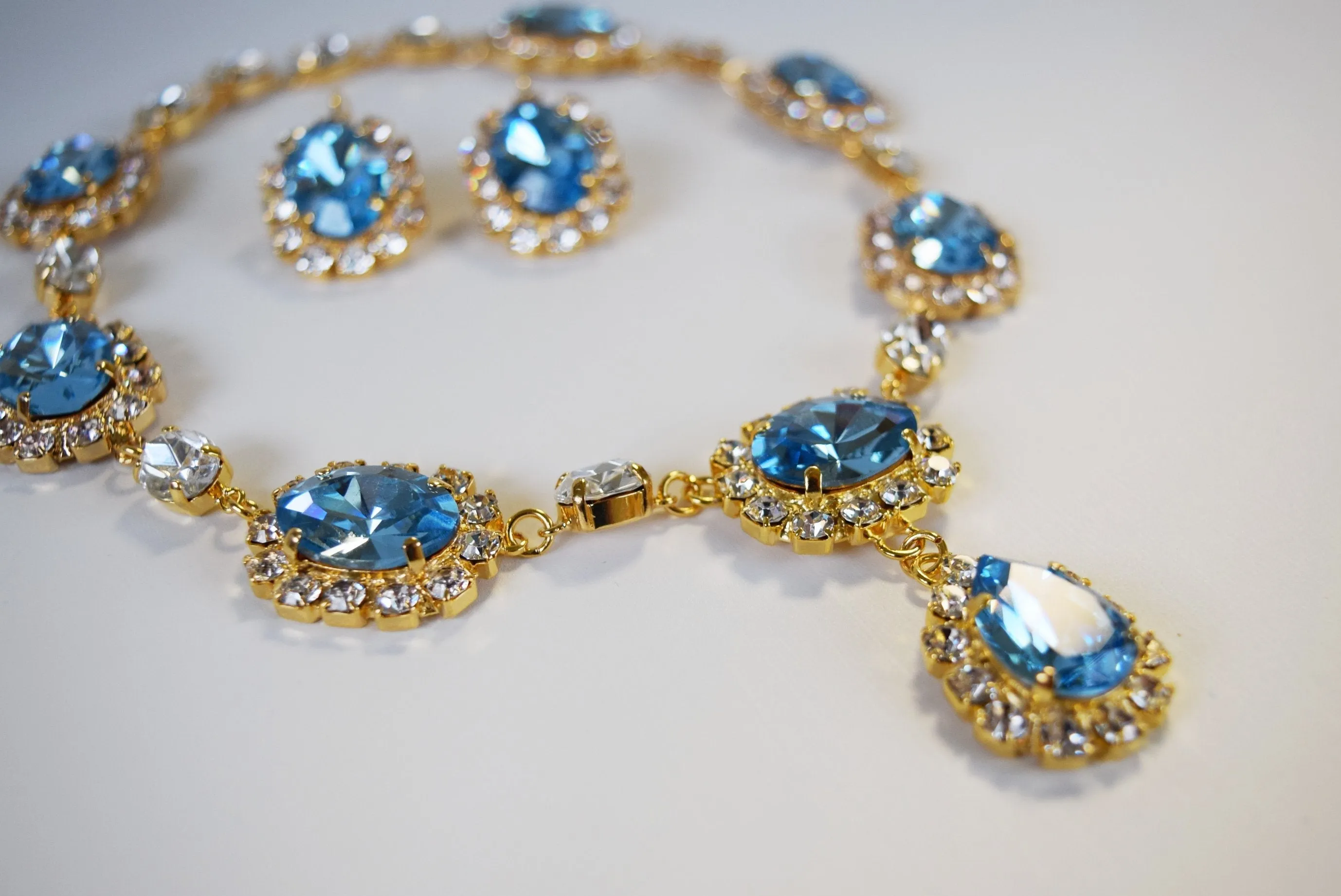 Large Swarovski Aquamarine Blue Halo Necklace with Teardrop