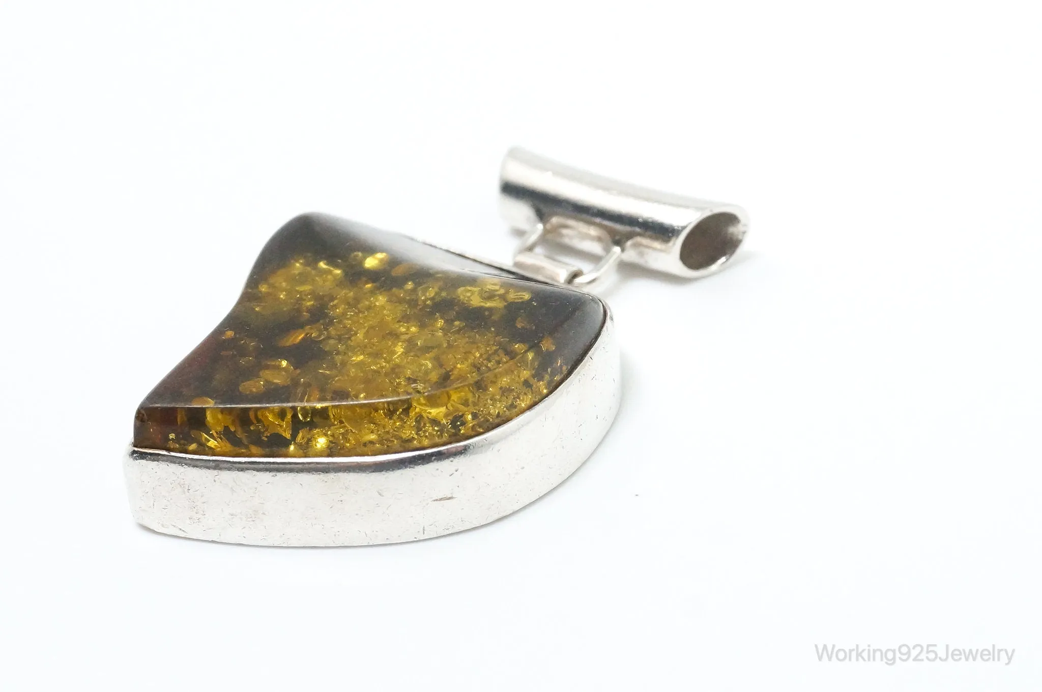 Large Vintage Amber Modernist Sterling Silver Necklace Pendant