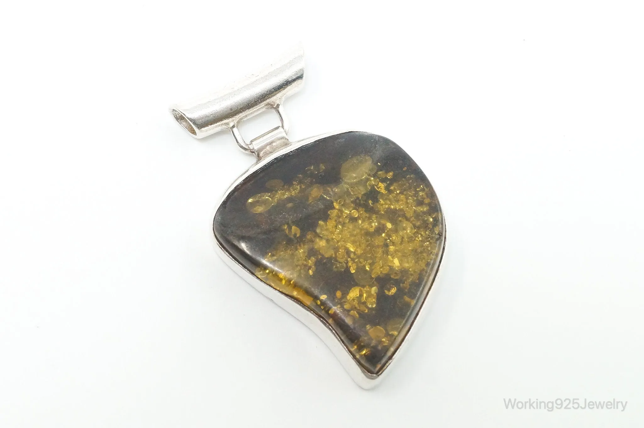 Large Vintage Amber Modernist Sterling Silver Necklace Pendant