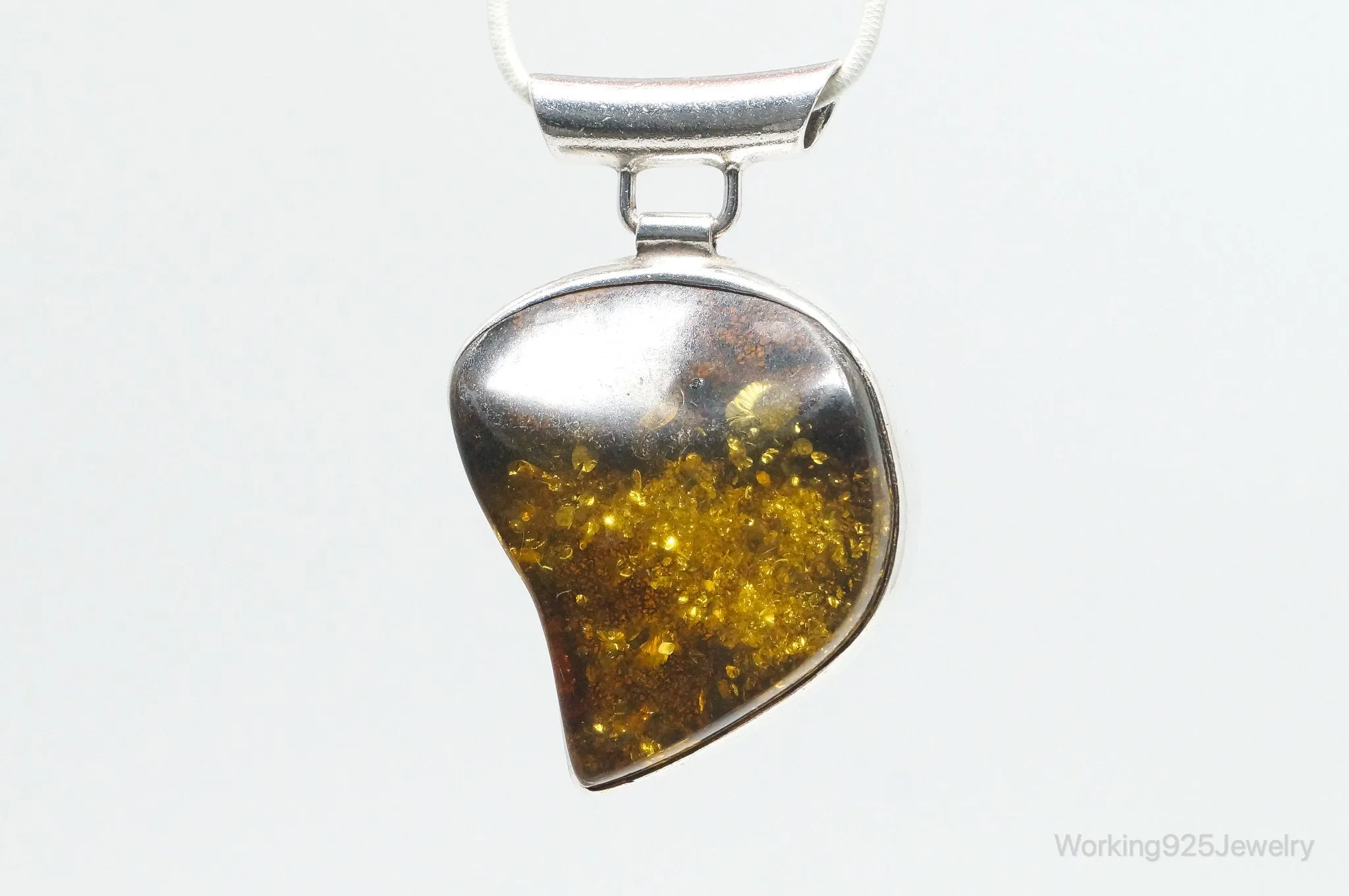 Large Vintage Amber Modernist Sterling Silver Necklace Pendant