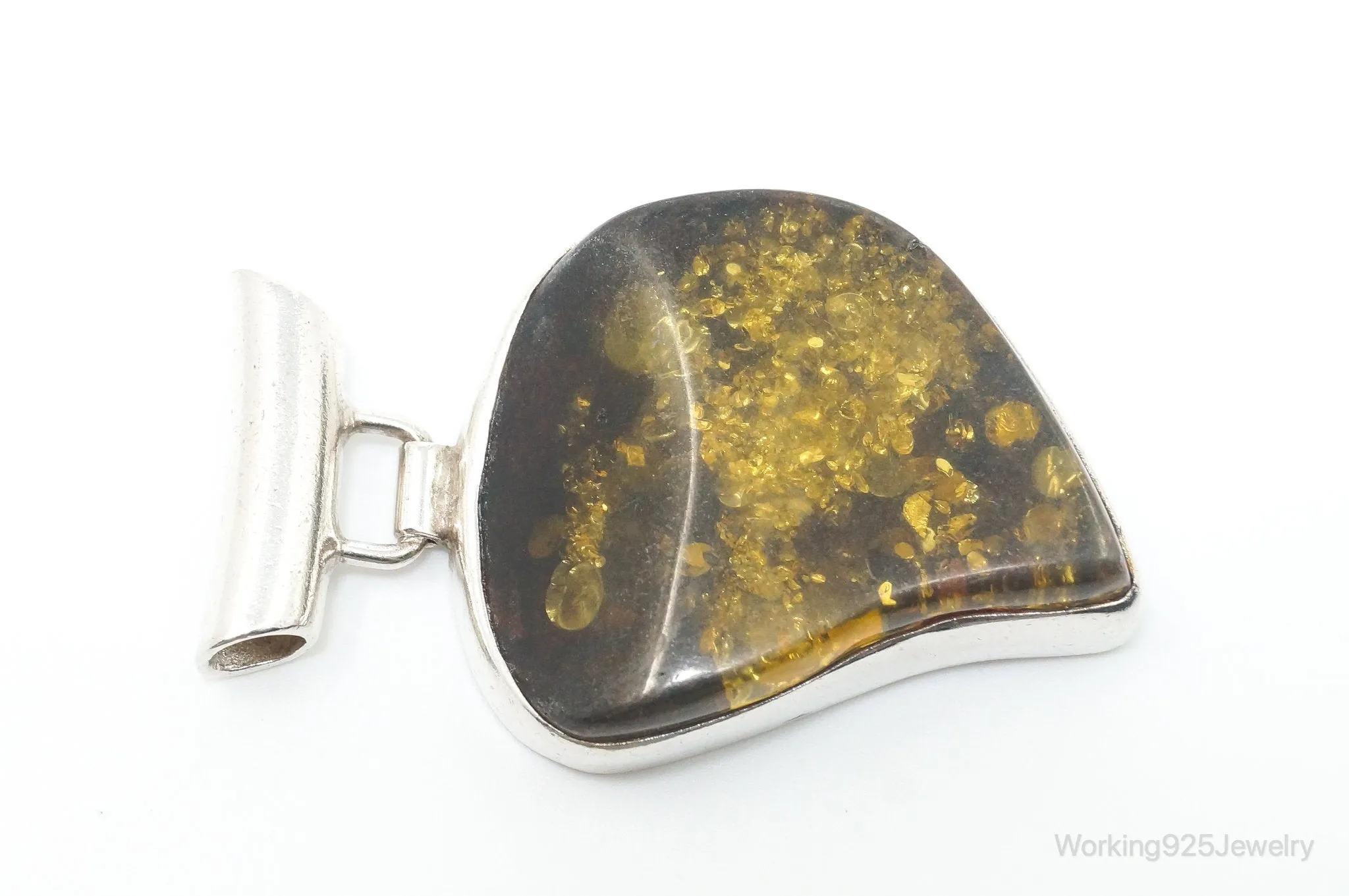 Large Vintage Amber Modernist Sterling Silver Necklace Pendant