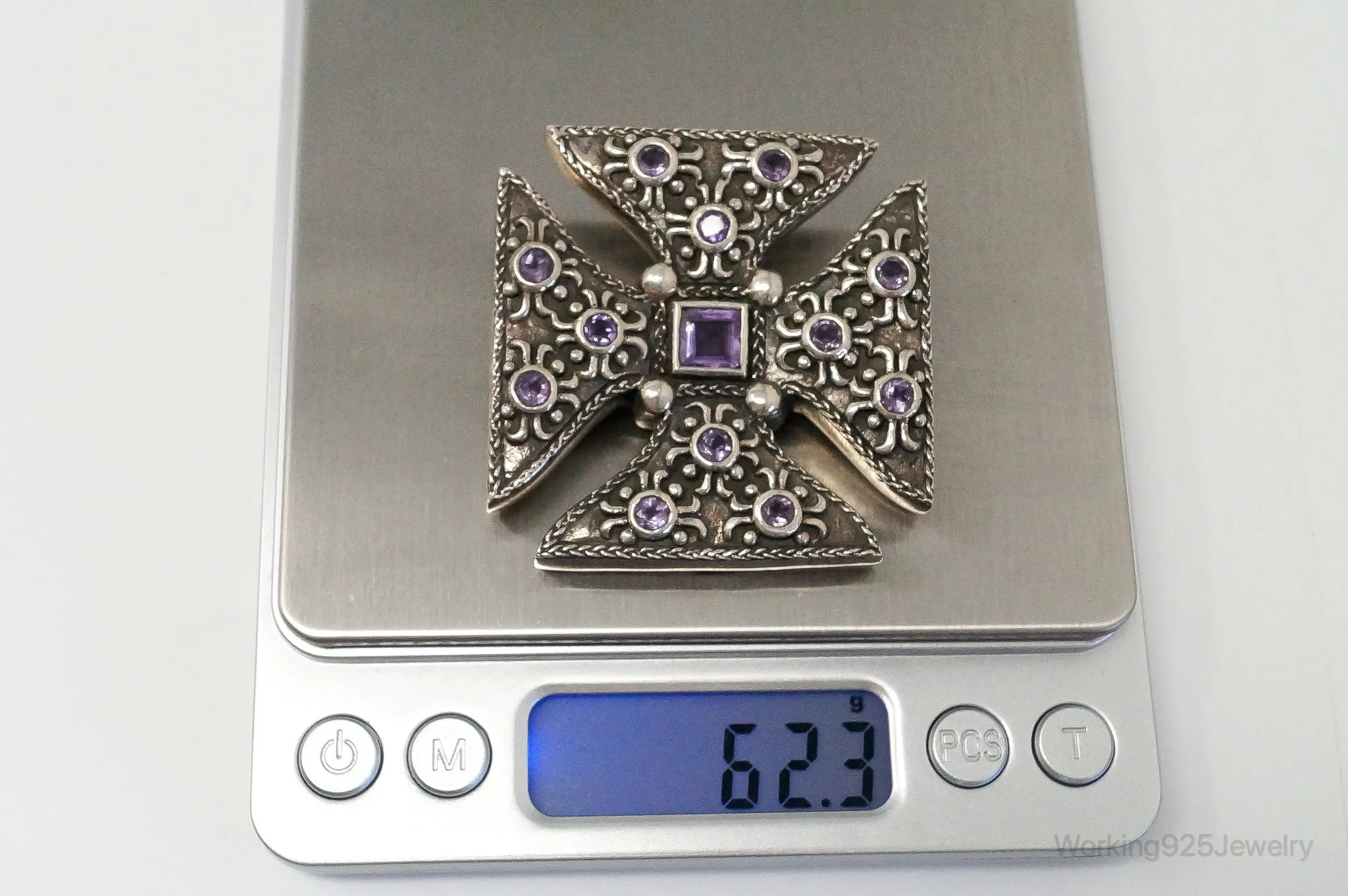 Large Vintage Designer Barse 2000 Amethyst Cross Sterling Silver Pendant