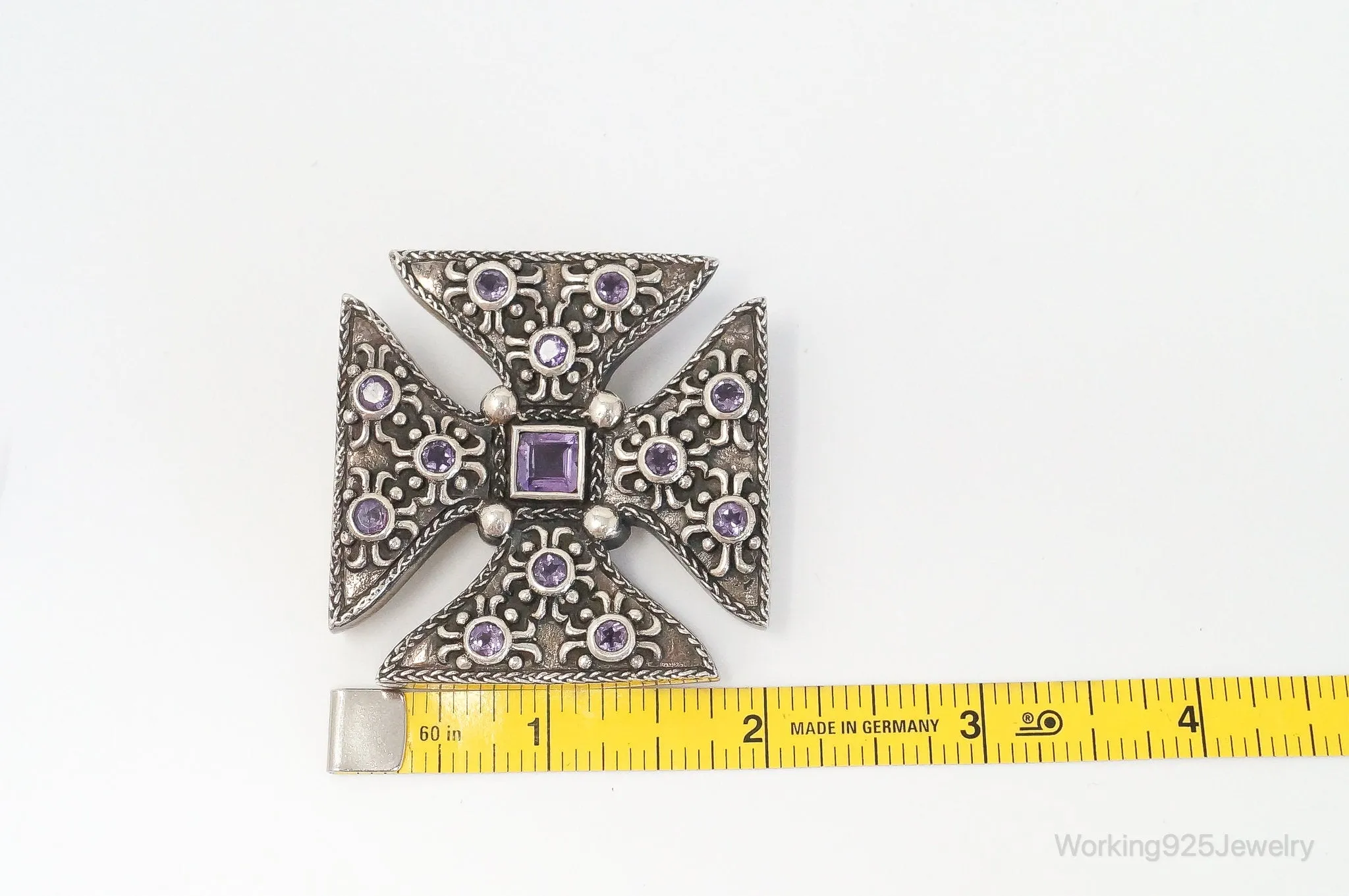 Large Vintage Designer Barse 2000 Amethyst Cross Sterling Silver Pendant