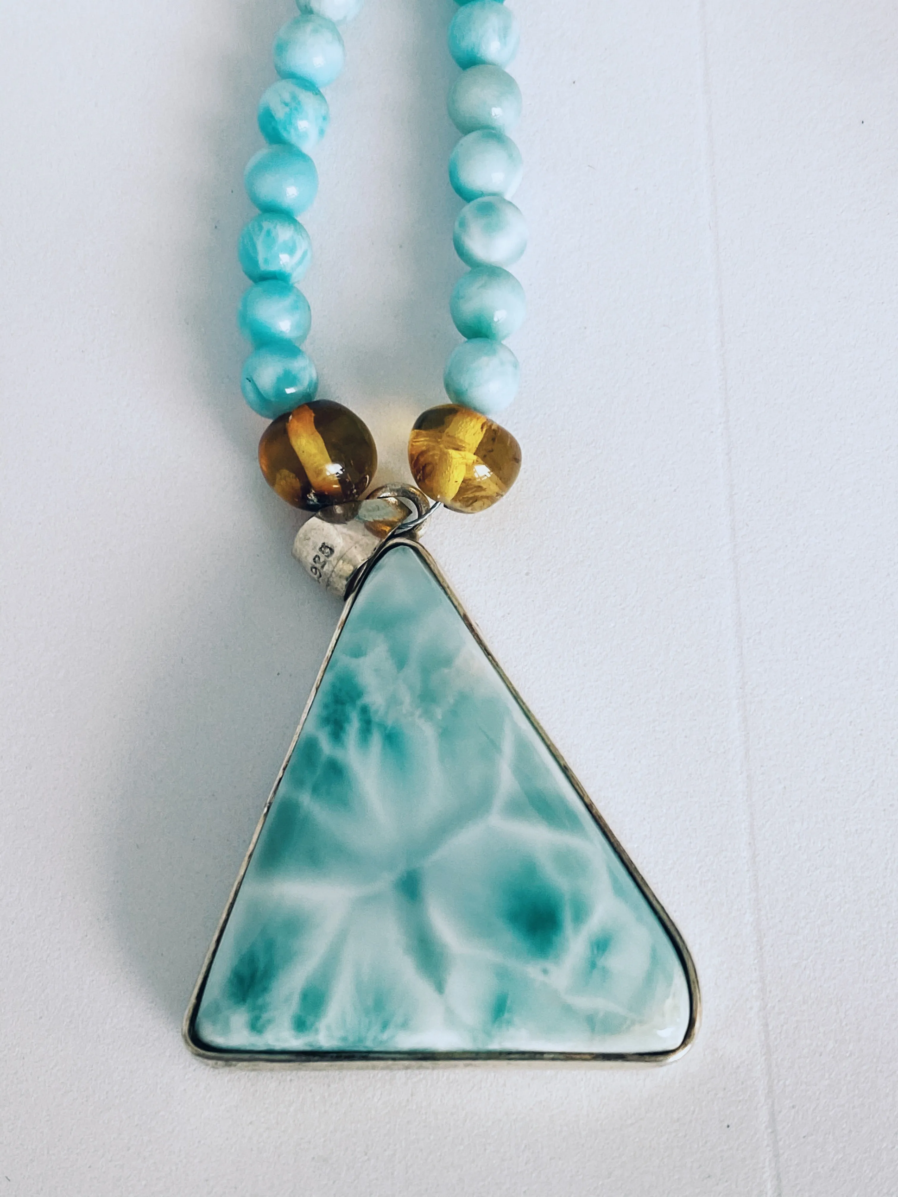 Larimar   Amber Unisex Necklace - round bead   triangle