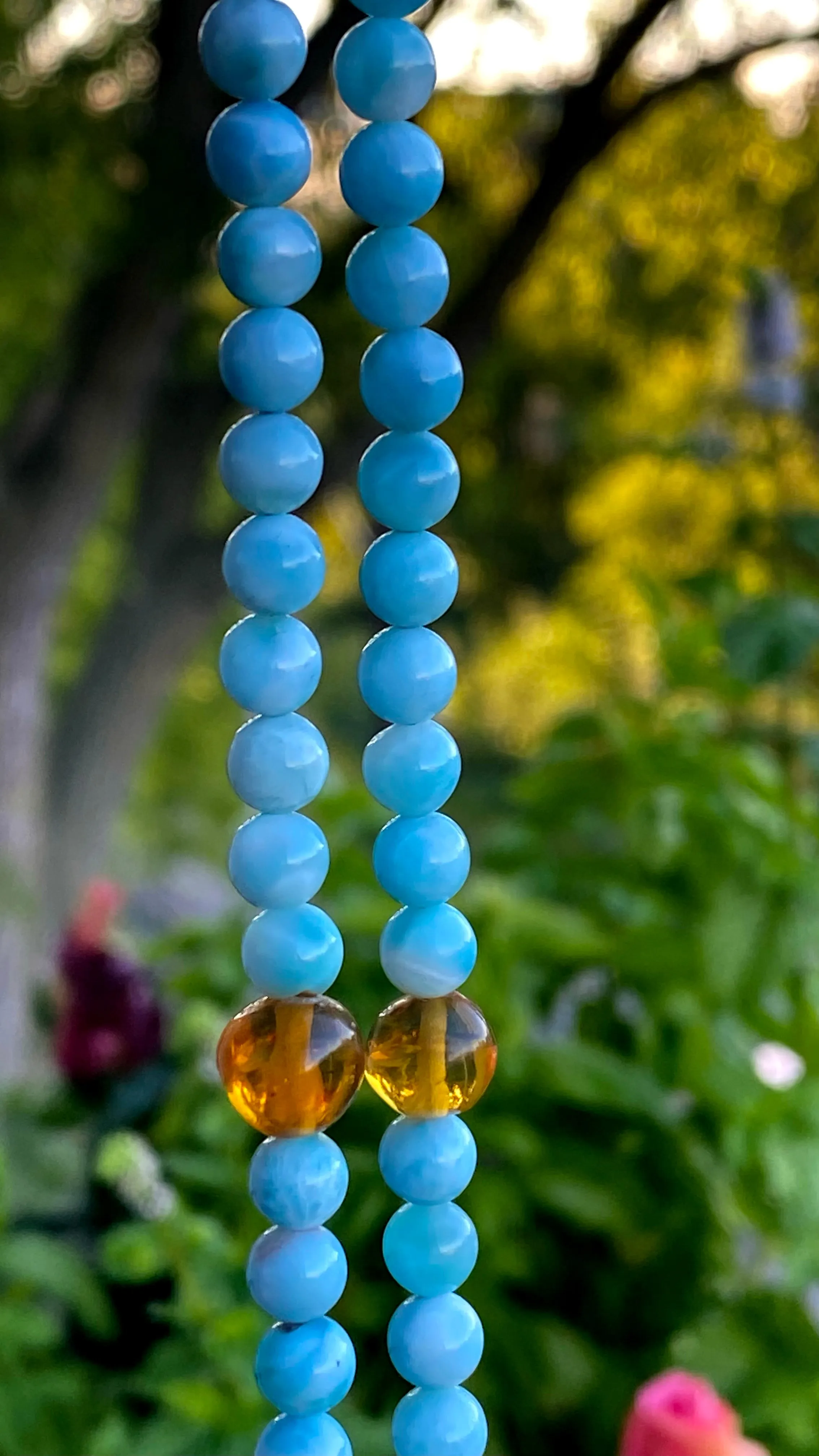 Larimar   Amber Unisex Necklace - round bead   triangle