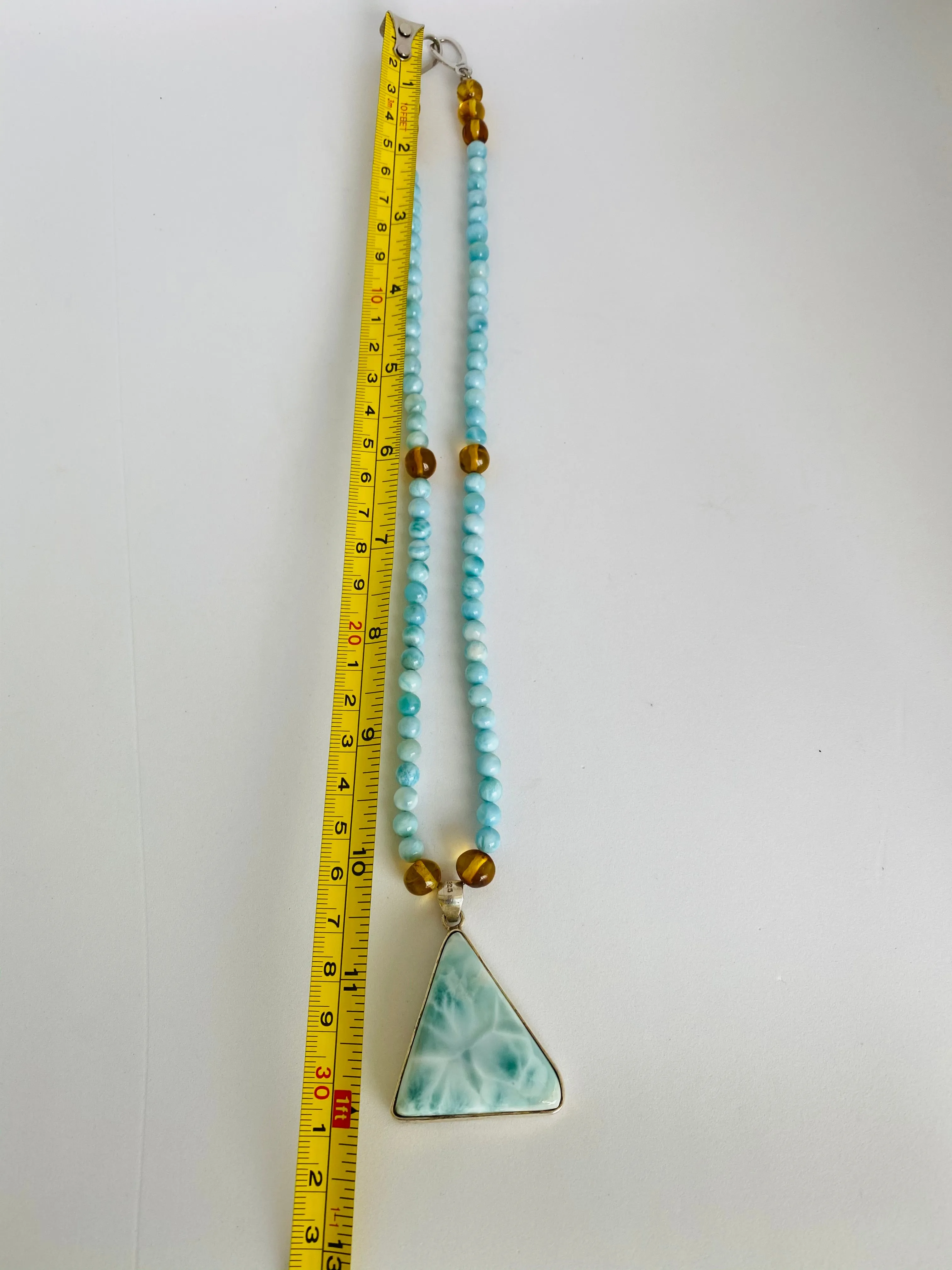 Larimar   Amber Unisex Necklace - round bead   triangle