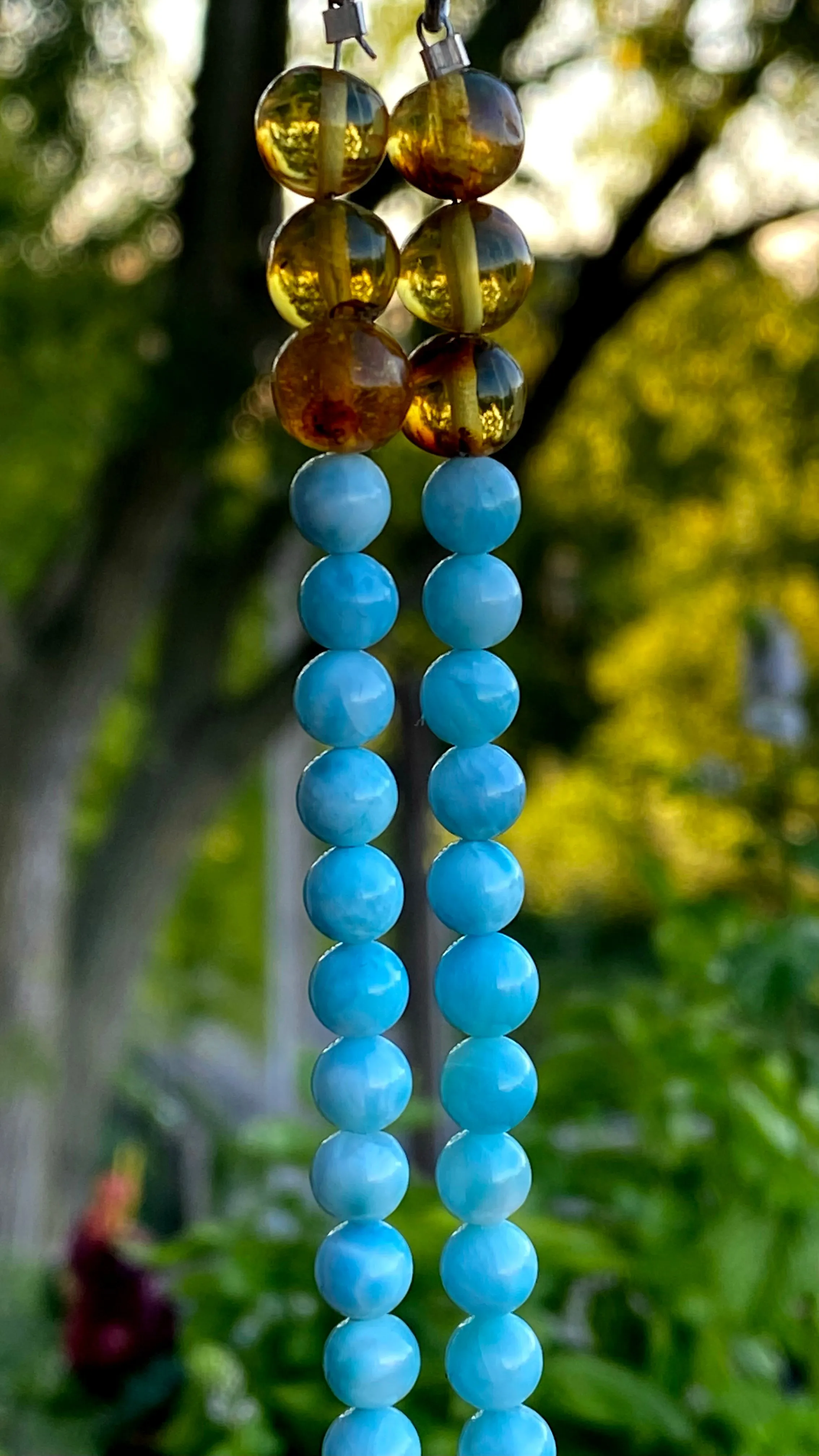 Larimar   Amber Unisex Necklace - round bead   triangle