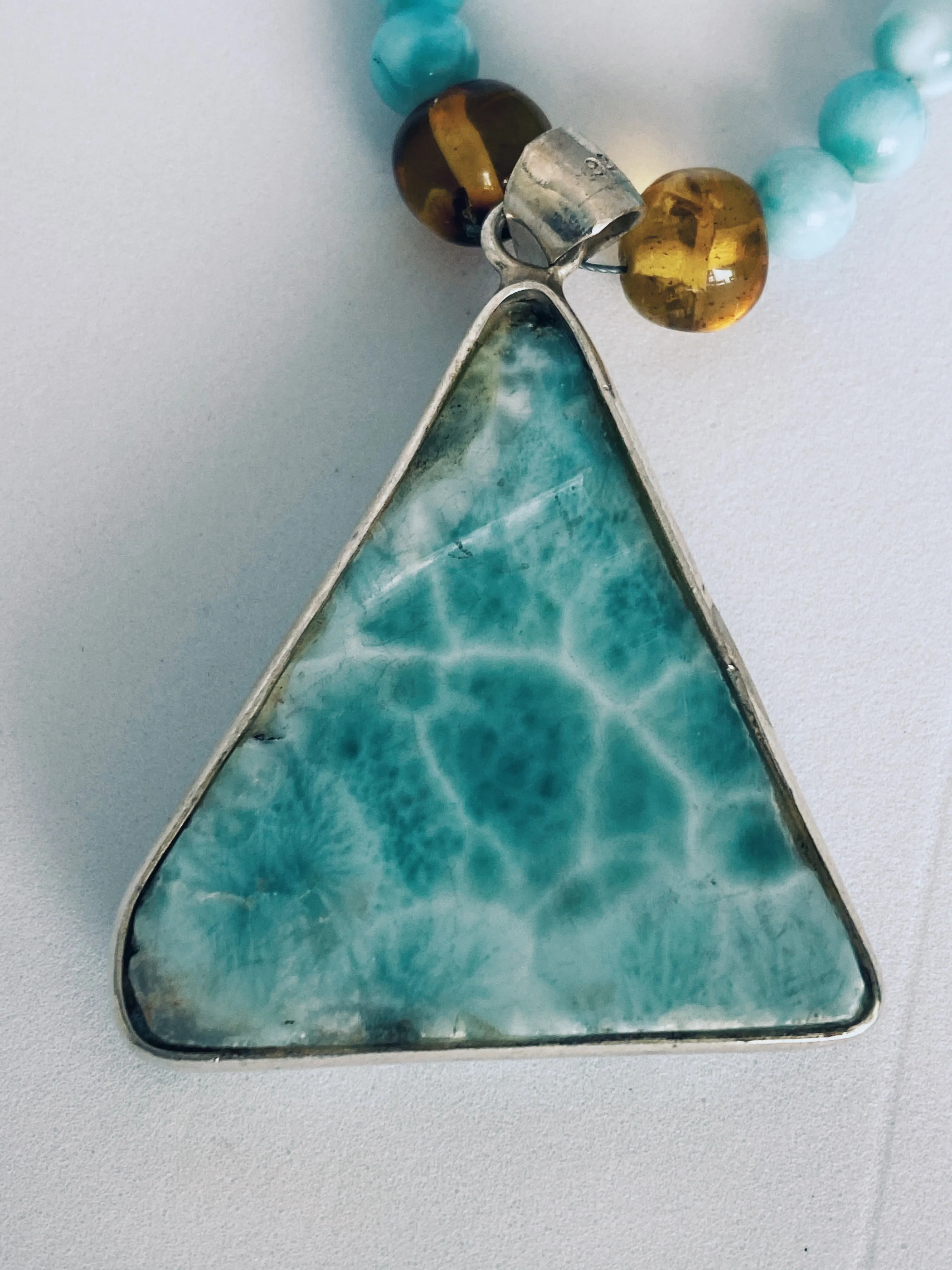 Larimar   Amber Unisex Necklace - round bead   triangle