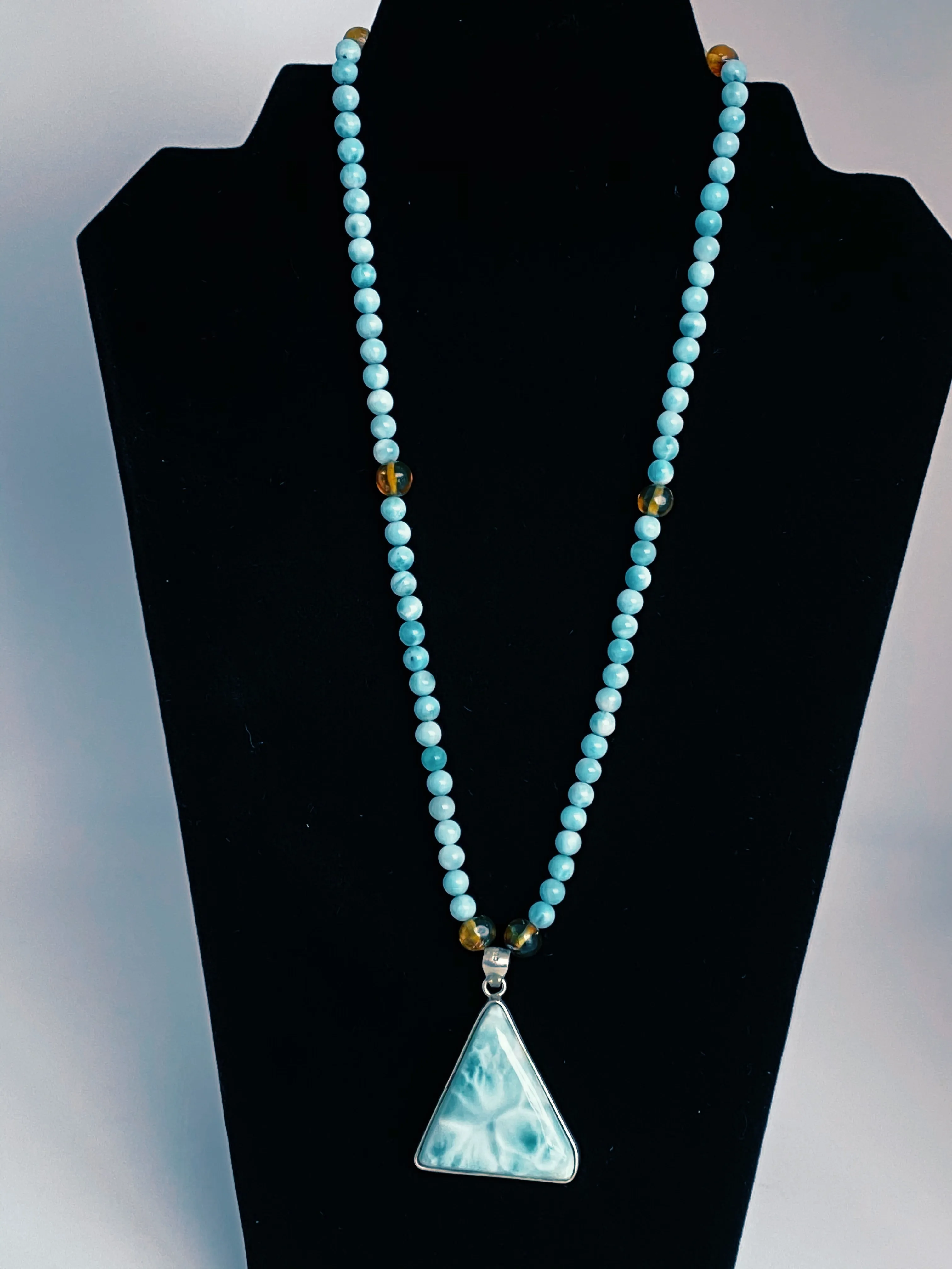 Larimar   Amber Unisex Necklace - round bead   triangle