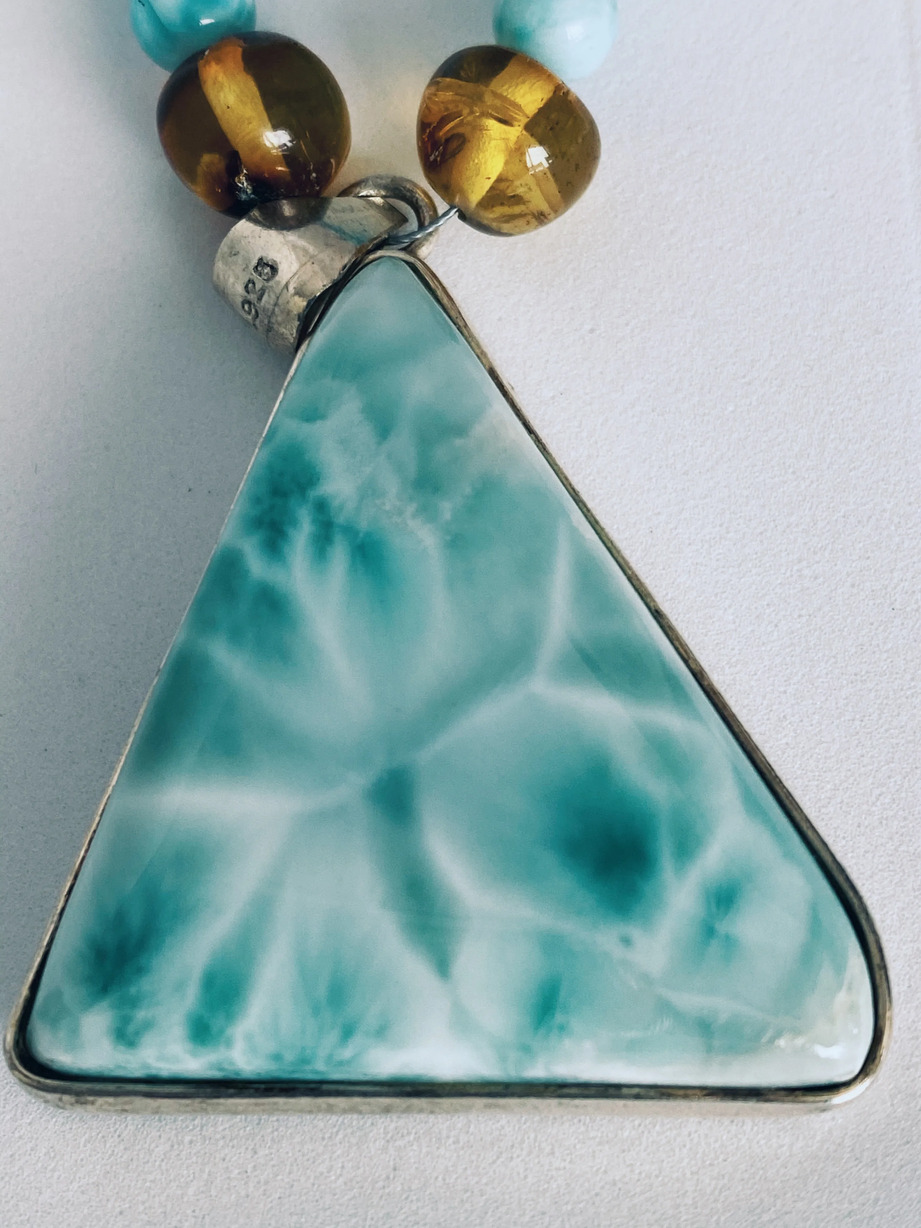 Larimar   Amber Unisex Necklace - round bead   triangle