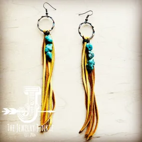 Leather Fringe Earrings with Turquoise Chunks Mustard 218o