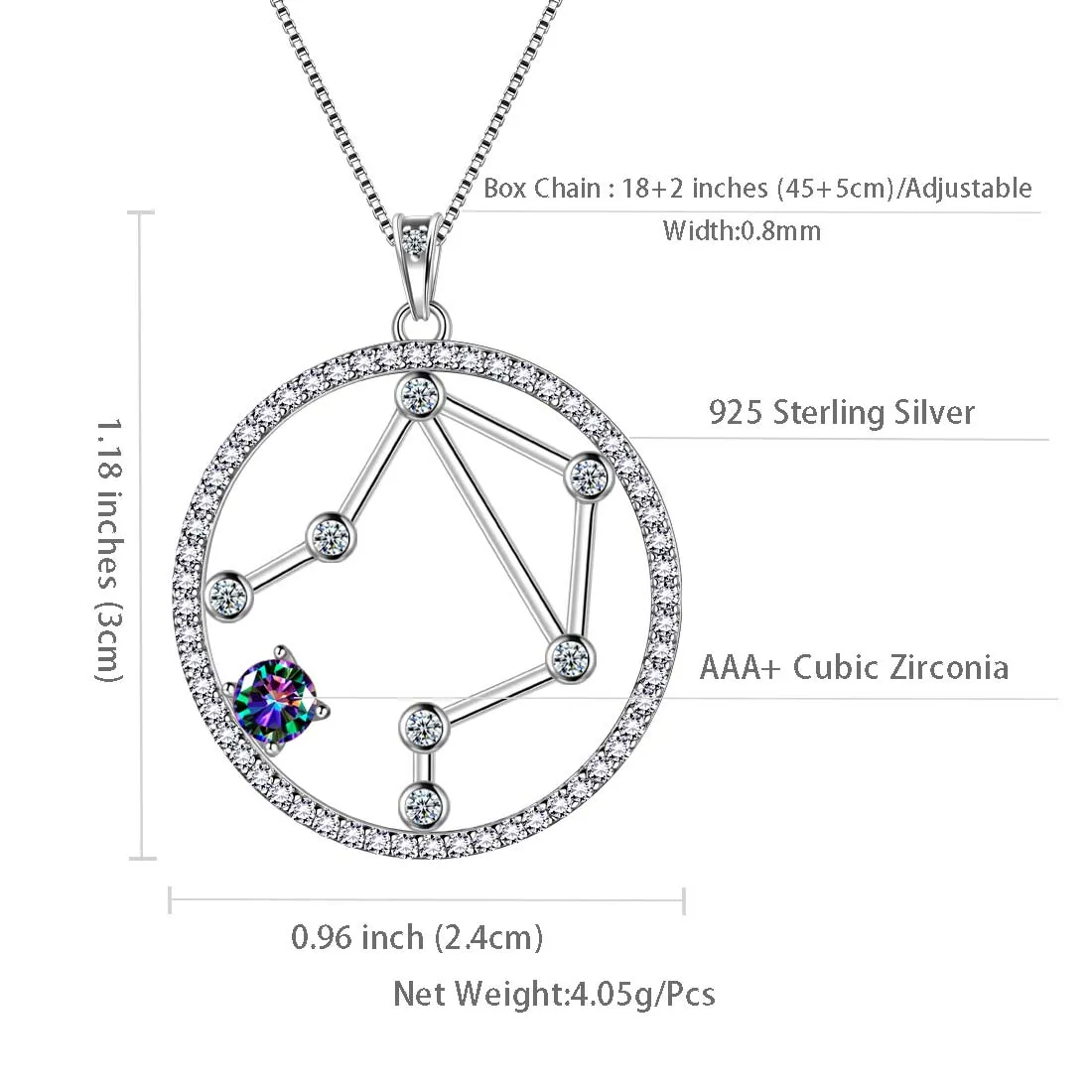 Libra Zodiac Necklace Pendant Women Girls Jewelry Birthday Gift Mystic Topaz 925 Silver